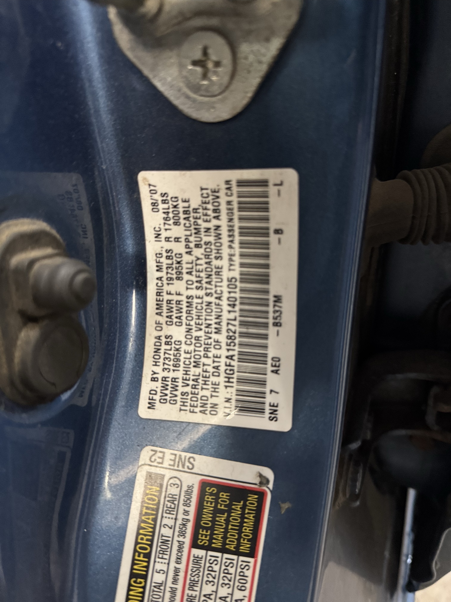 2007 honda civic ex-sedan with 308037 miles for sale near Elk River, Minnesota 106771_47_door_vin_sticker.jpg