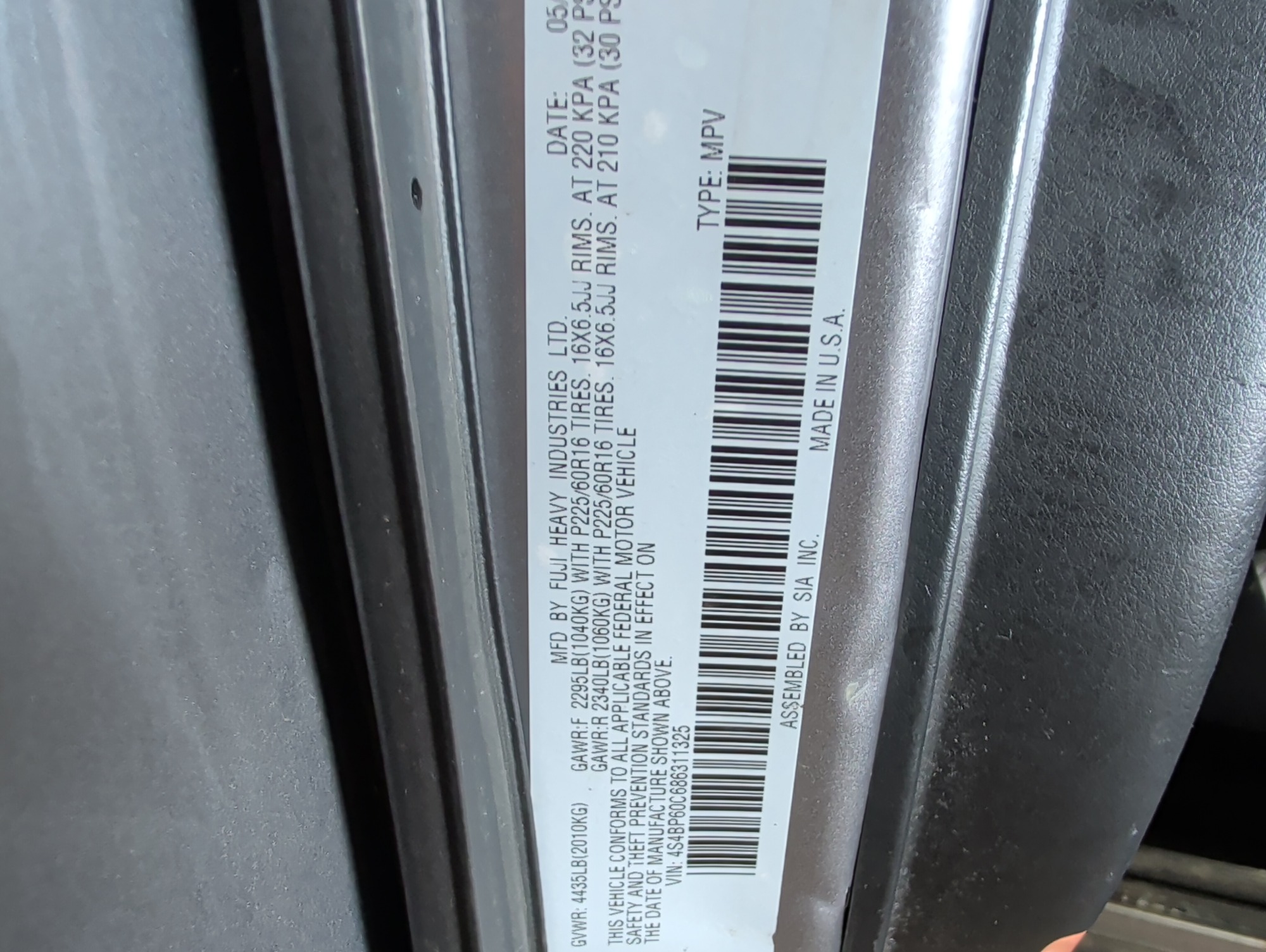 2008 subaru outback base with 143643 miles for sale near Elk River, Minnesota 106773_47_door_vin_sticker.jpg