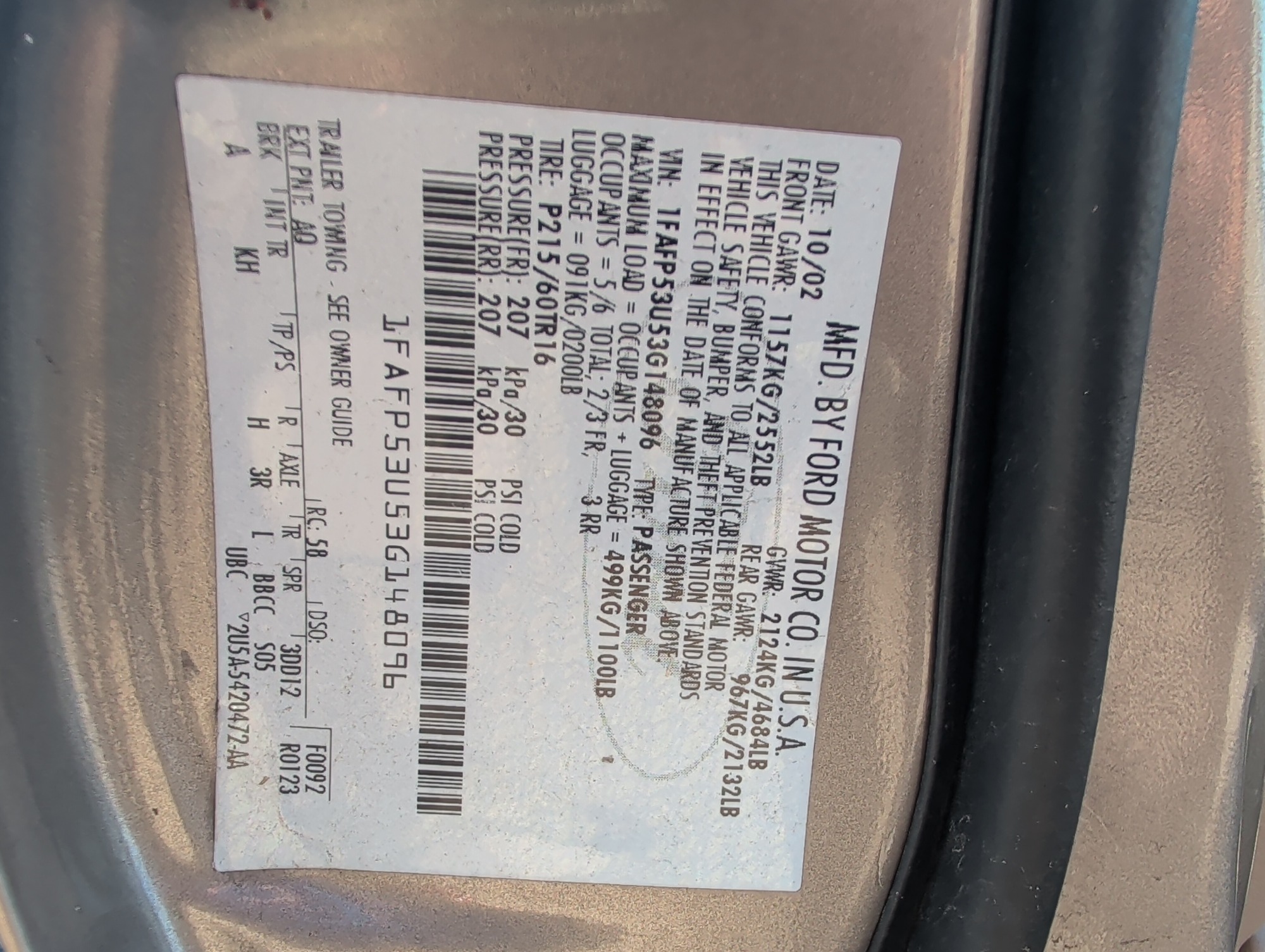2003 ford taurus se with 156421 miles for sale near Elk River, Minnesota 106777_47_door_vin_sticker.jpg