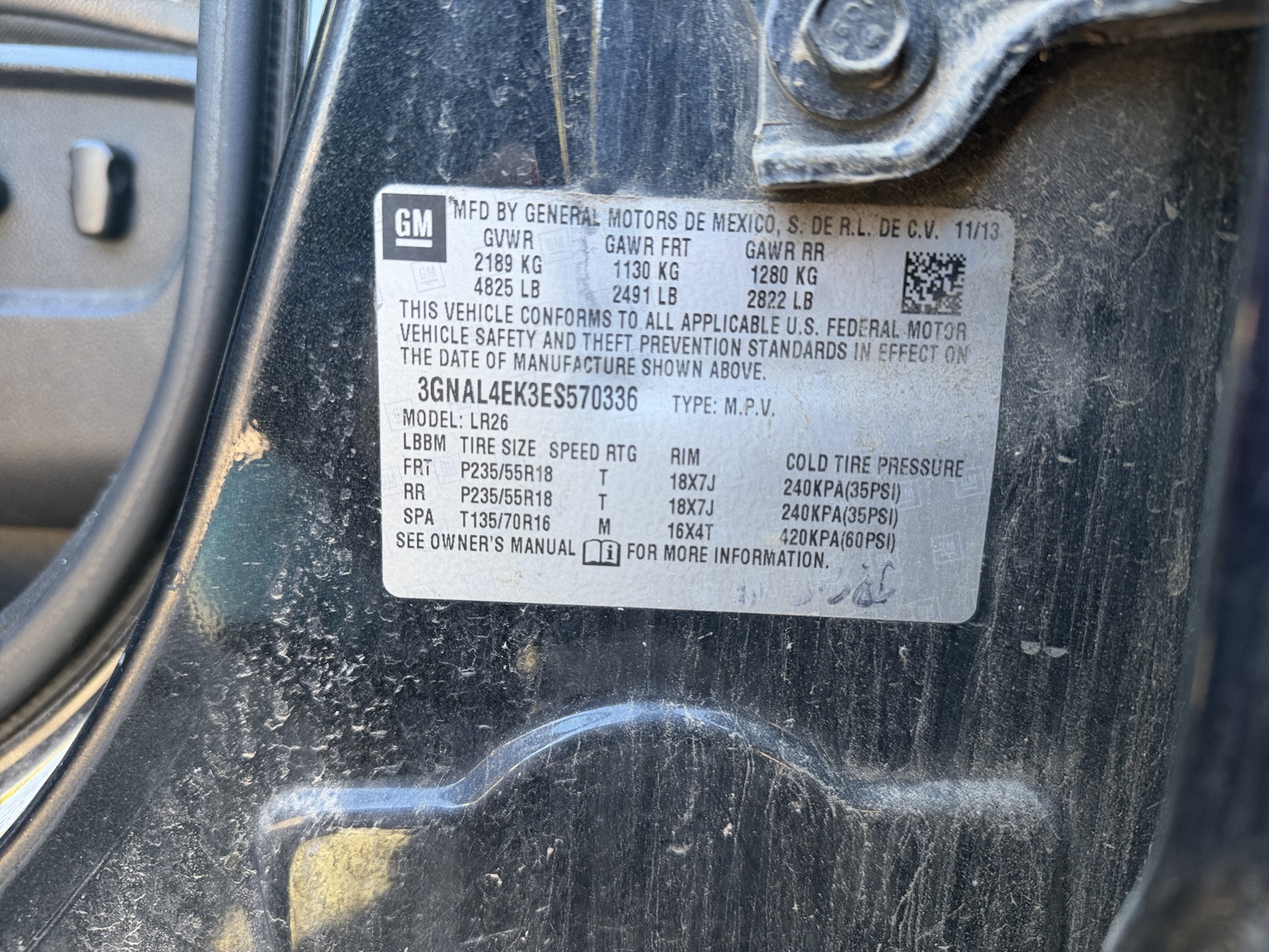 2014 chevrolet captiva-sport ltz-fwd with 136123 miles for sale near Elk River, Minnesota 106780_47_door_vin_sticker.jpg