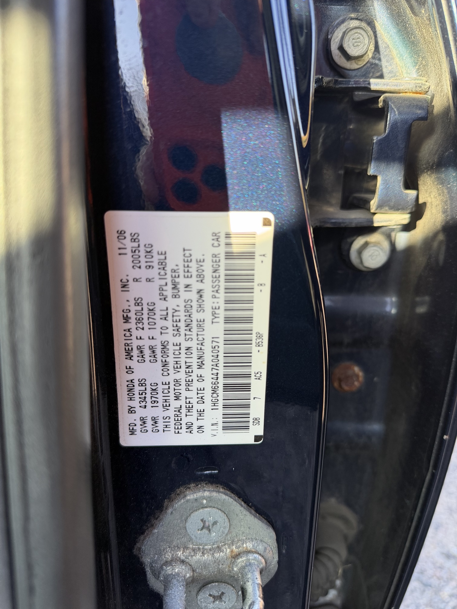 2007 honda accord se with 174662 miles for sale near Elk River, Minnesota 106786_47_door_vin_sticker.jpg