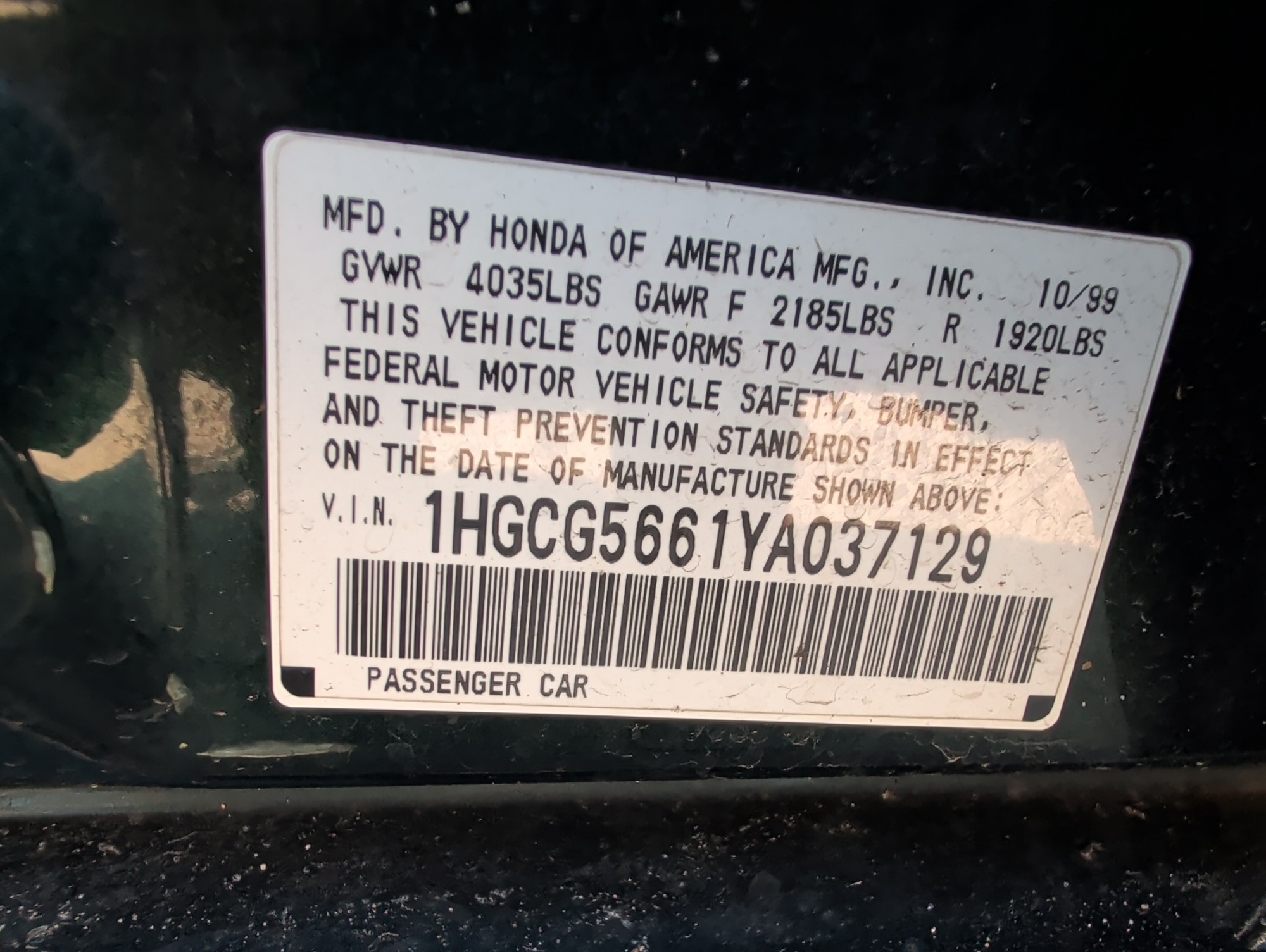2000 honda accord ex-sedan with 135556 miles for sale near Elk River, Minnesota 106787_47_door_vin_sticker.jpg