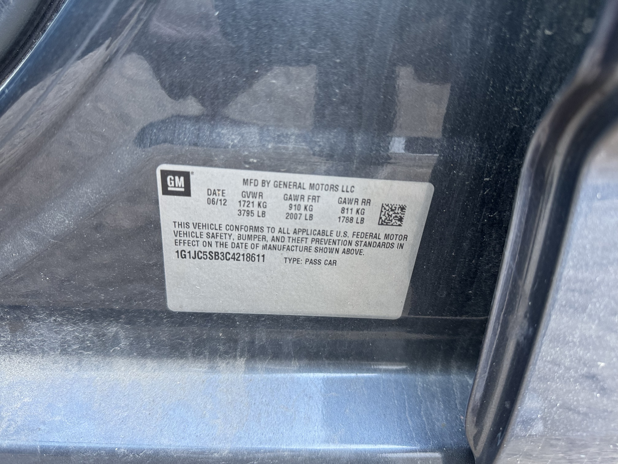 2012 chevrolet sonic 2lt-sedan with 151229 miles for sale near Elk River, Minnesota 106789_47_door_vin_sticker.jpg