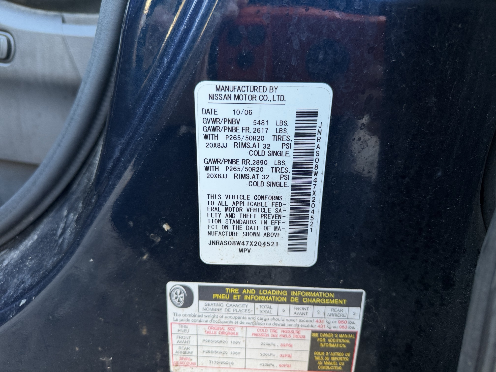 2007 infiniti fx fx35-awd with 171243 miles for sale near Elk River, Minnesota 106790_47_door_vin_sticker.jpg