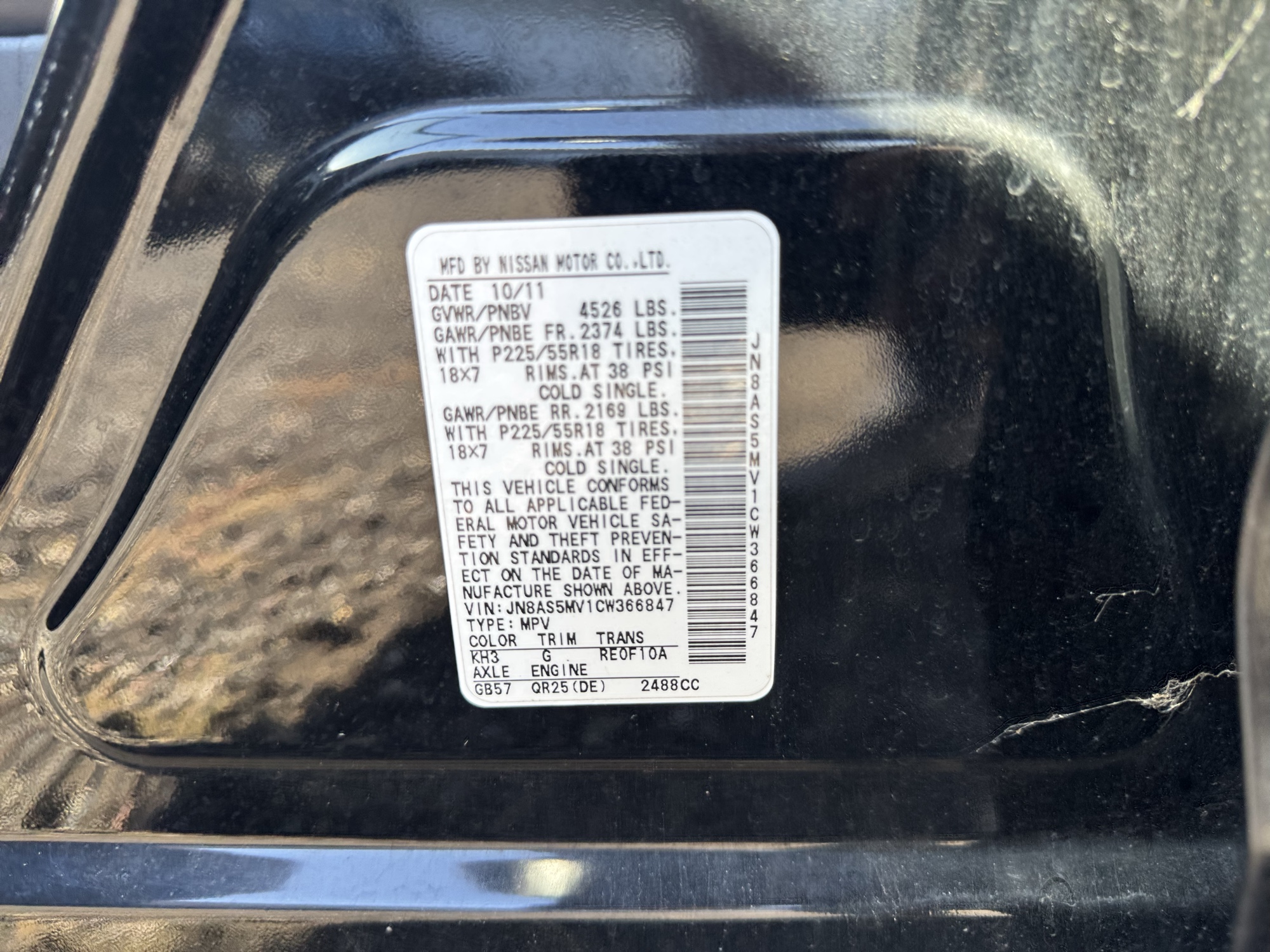 2012 nissan rogue s-awd with 111484 miles for sale near Elk River, Minnesota 106791_47_door_vin_sticker.jpg