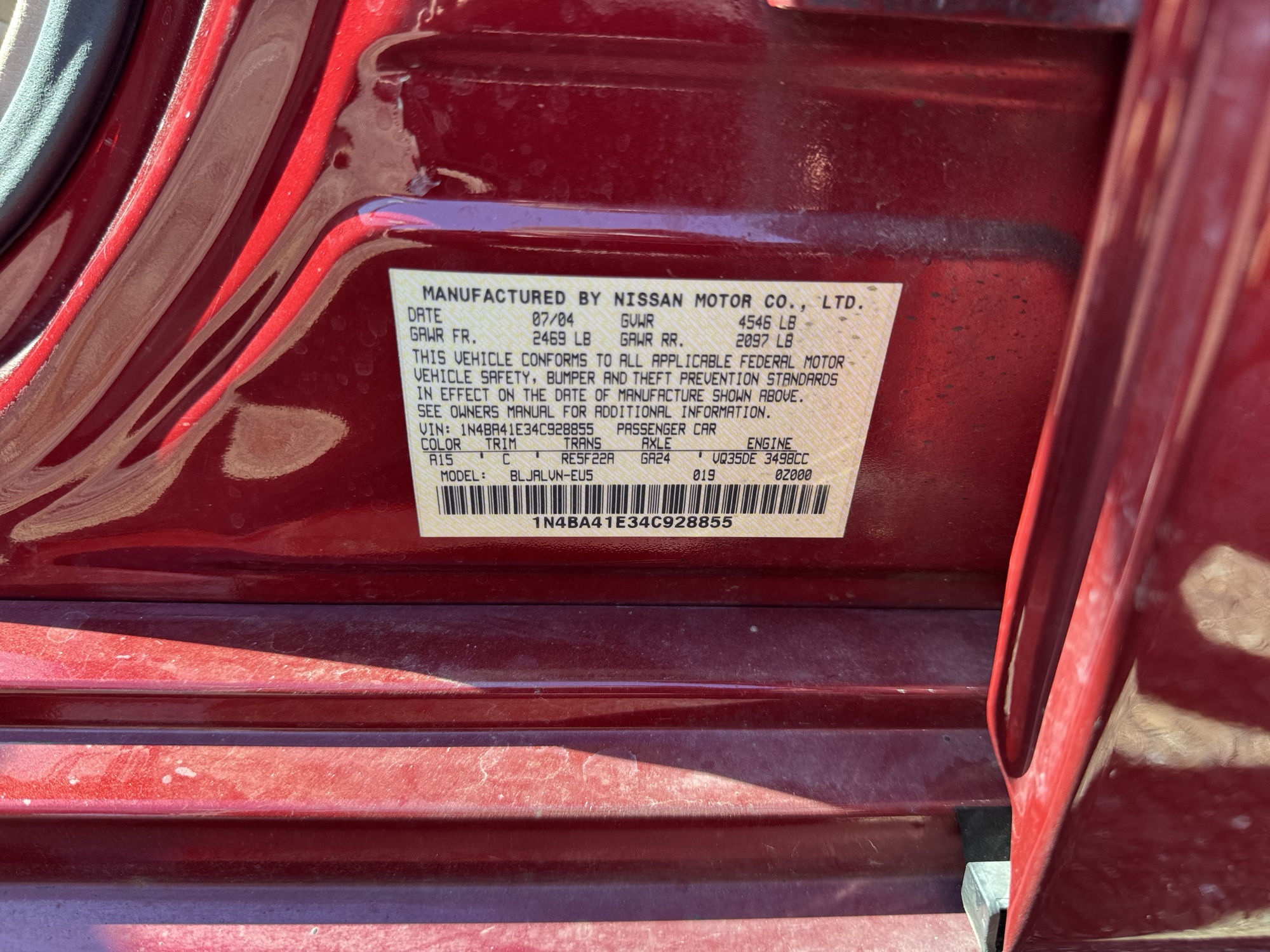 2004 nissan maxima se with 64495 miles for sale near Elk River, Minnesota 106792_47_door_vin_sticker.jpg
