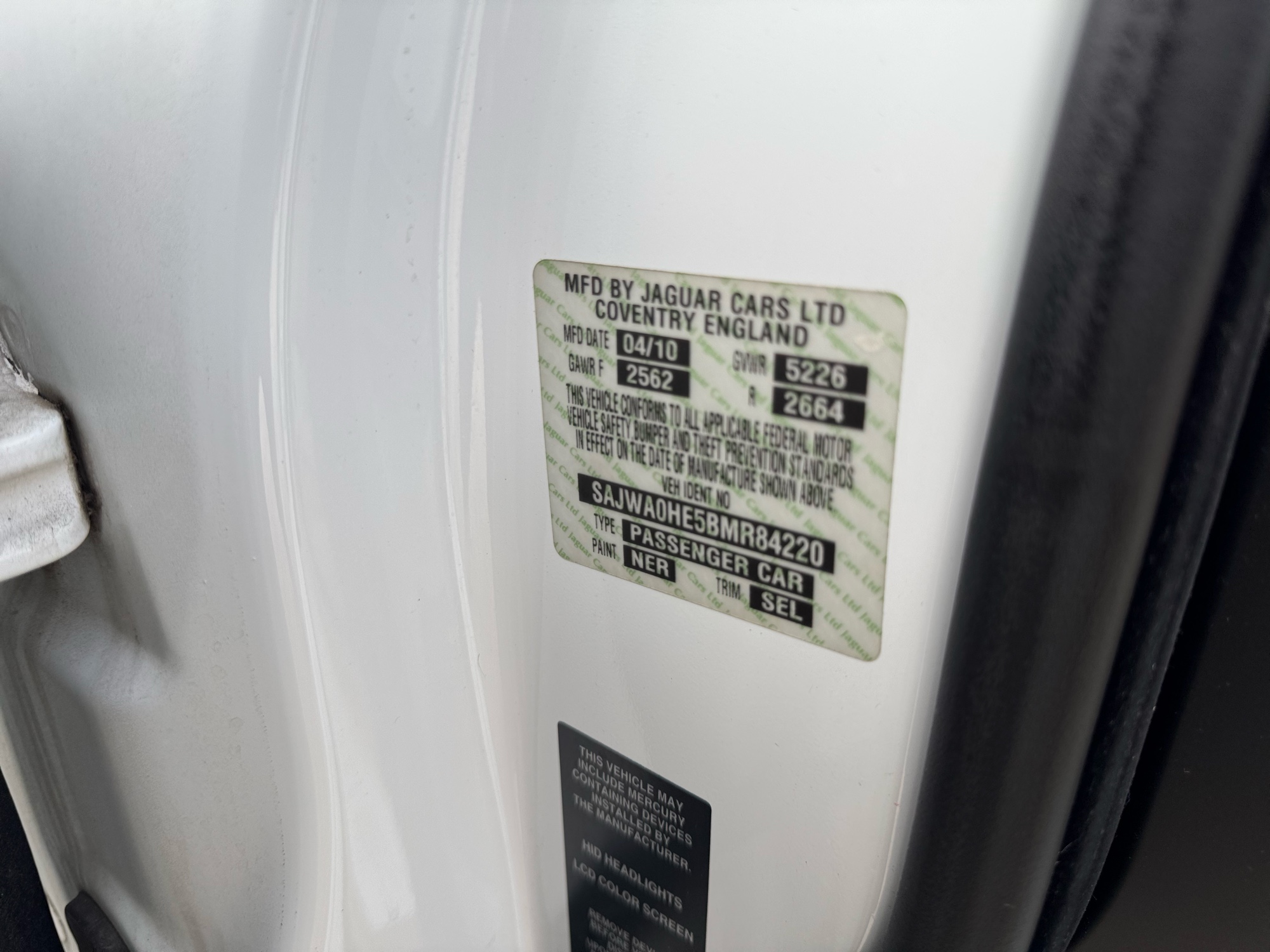 2011 jaguar xf-series xf-supercharged with 150511 miles for sale near Elk River, Minnesota 106794_47_door_vin_sticker.jpg