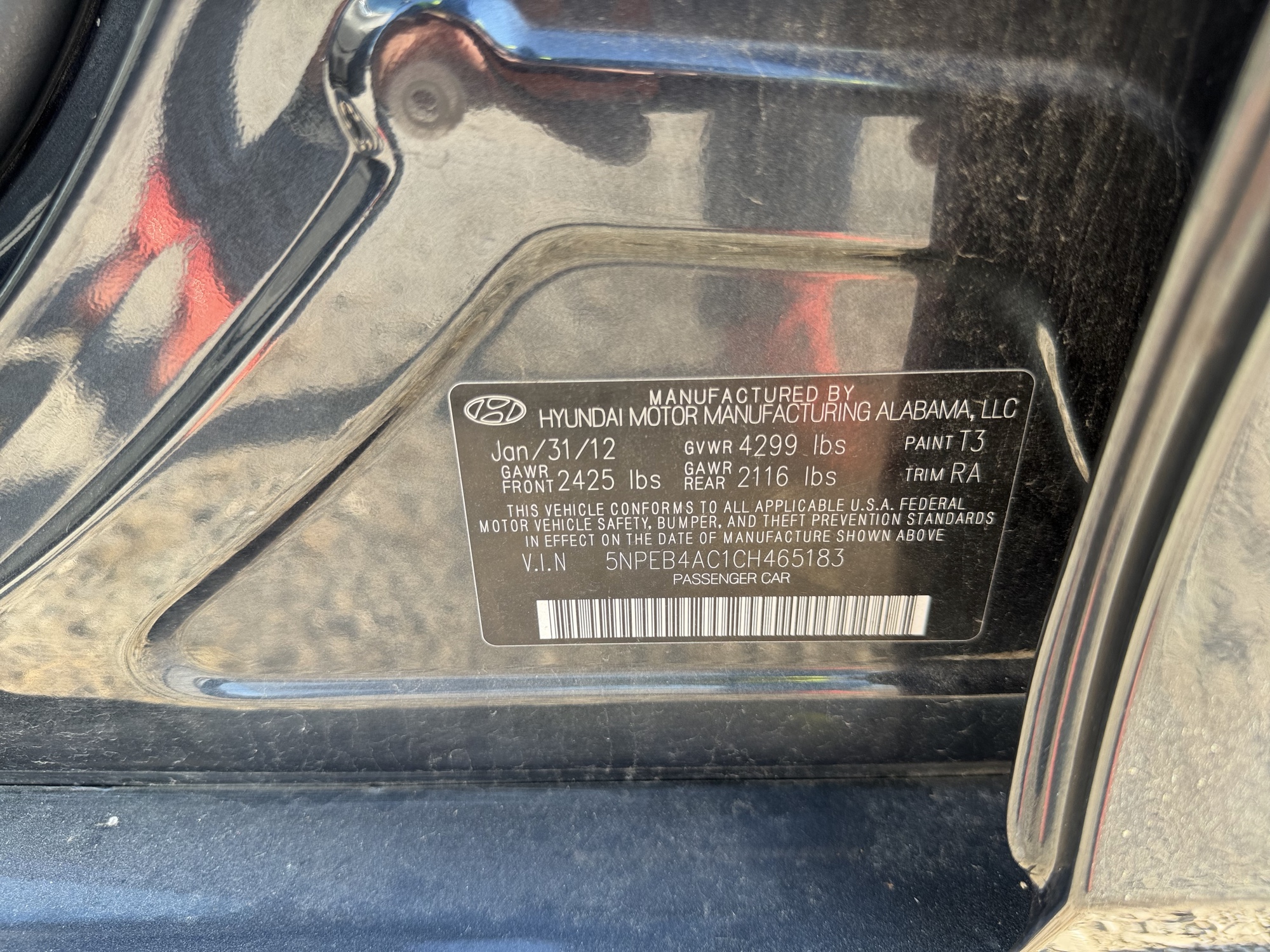 2012 hyundai sonata gls-manual with 248219 miles for sale near St. Louis, Missouri 106795_47_door_vin_sticker.jpg