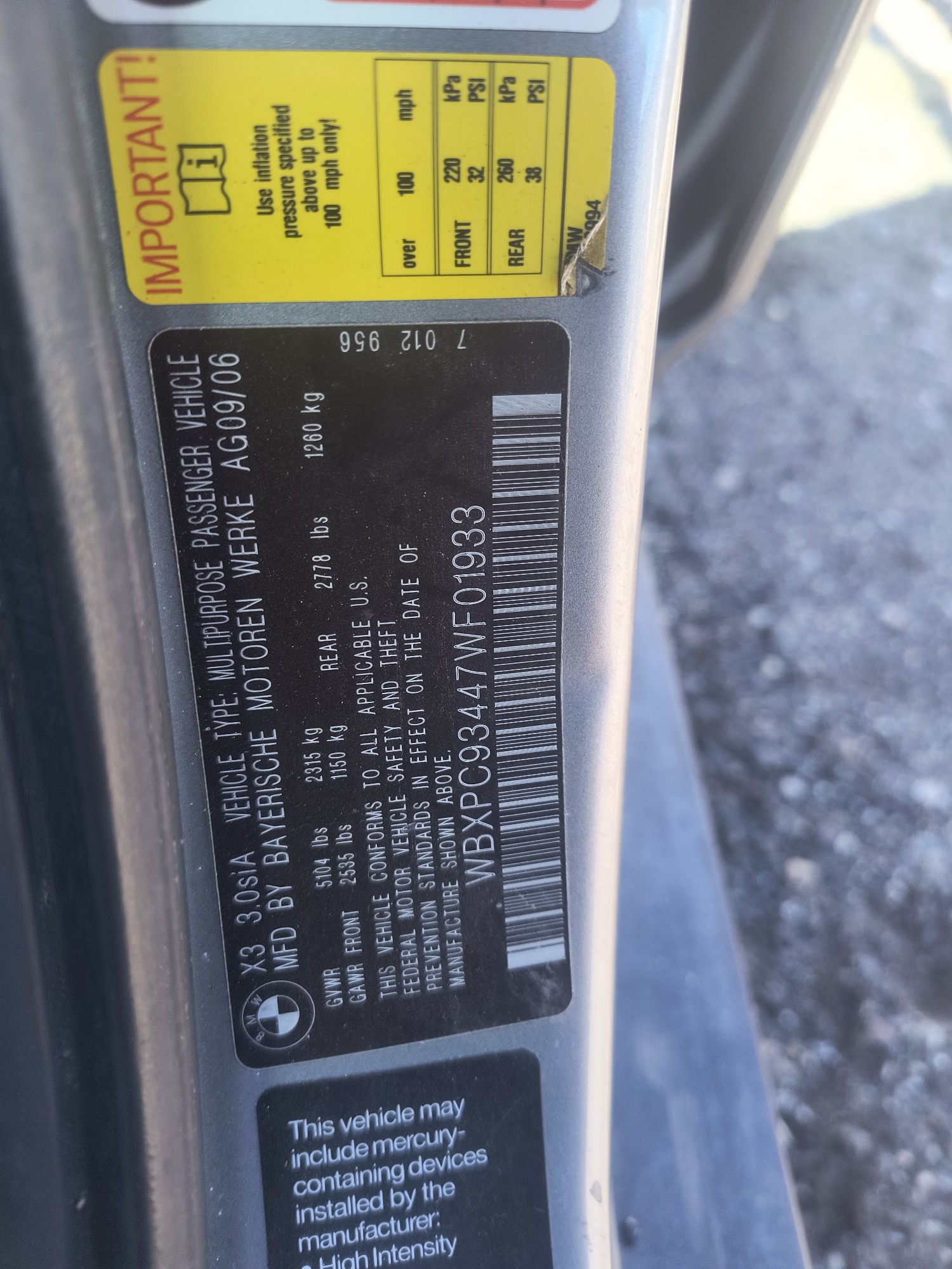 2007 bmw x3 3.0si with 143116 miles for sale near Elk River, Minnesota 106803_47_door_vin_sticker.jpg