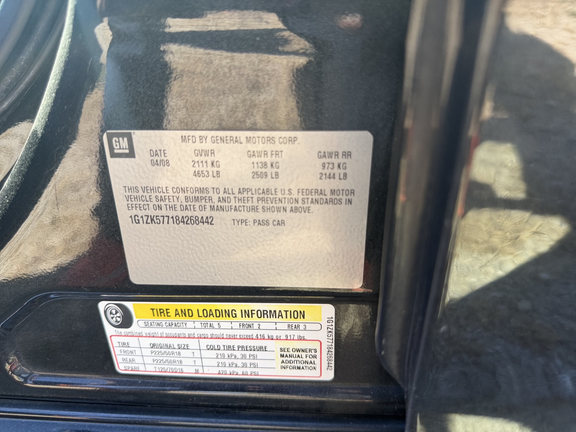 2008 chevrolet malibu ltz with 95181 miles for sale near St. Louis, Missouri 106810_47_door_vin_sticker.jpg