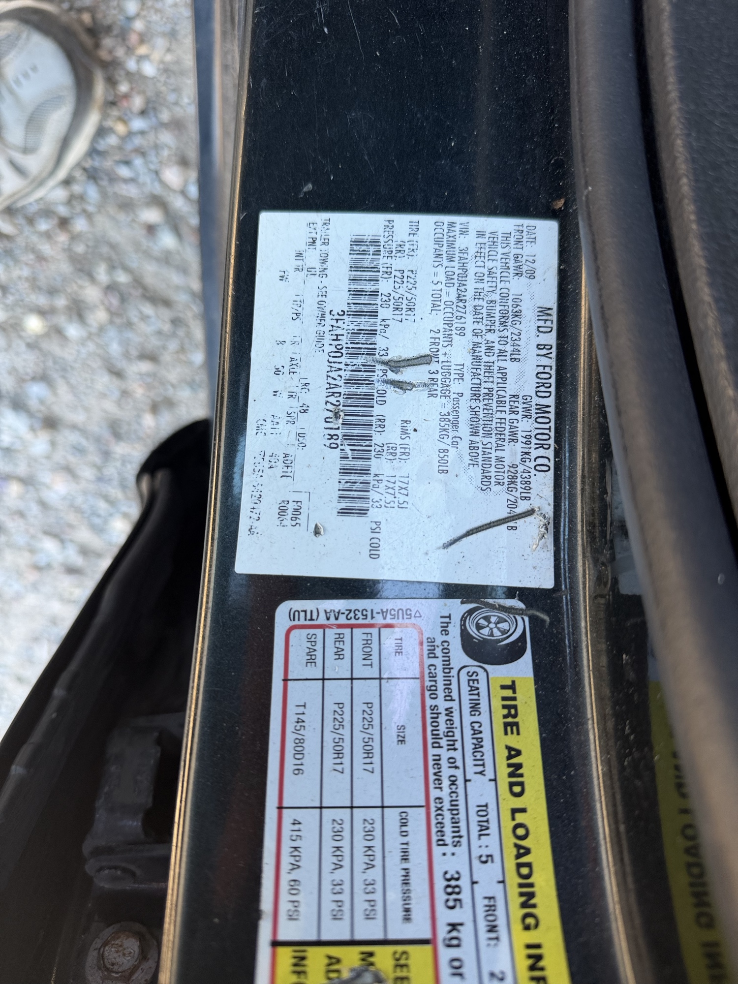 2010 ford fusion sel with 188474 miles for sale near Elk River, Minnesota 106814_47_door_vin_sticker.jpg