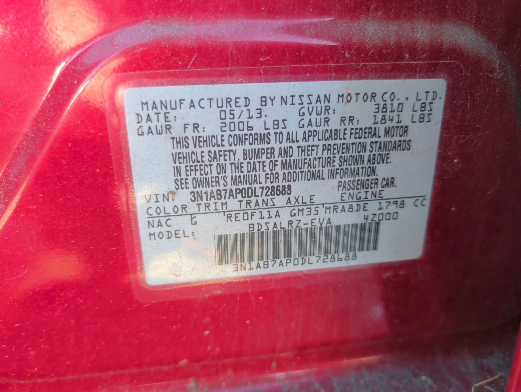2013 nissan sentra s-6mt with 130137 miles for sale near Elk River, Minnesota 106822_47_door_vin_sticker.jpg
