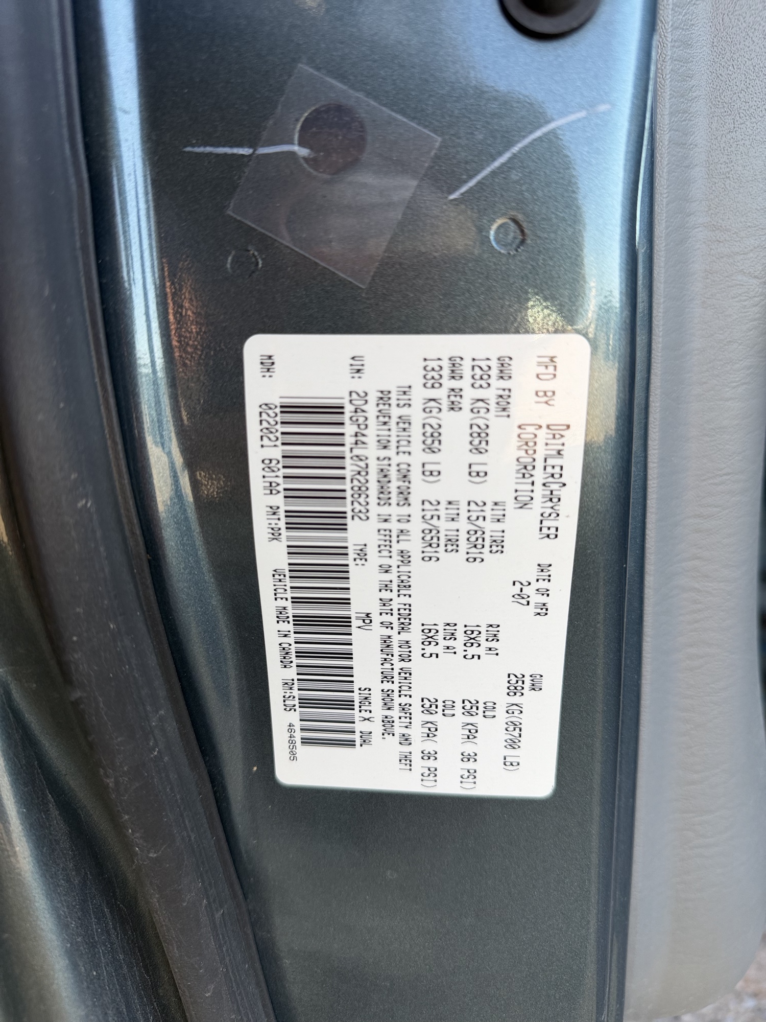 2007 dodge grand-caravan sxt with 169997 miles for sale near Elk River, Minnesota 106825_47_door_vin_sticker.jpg