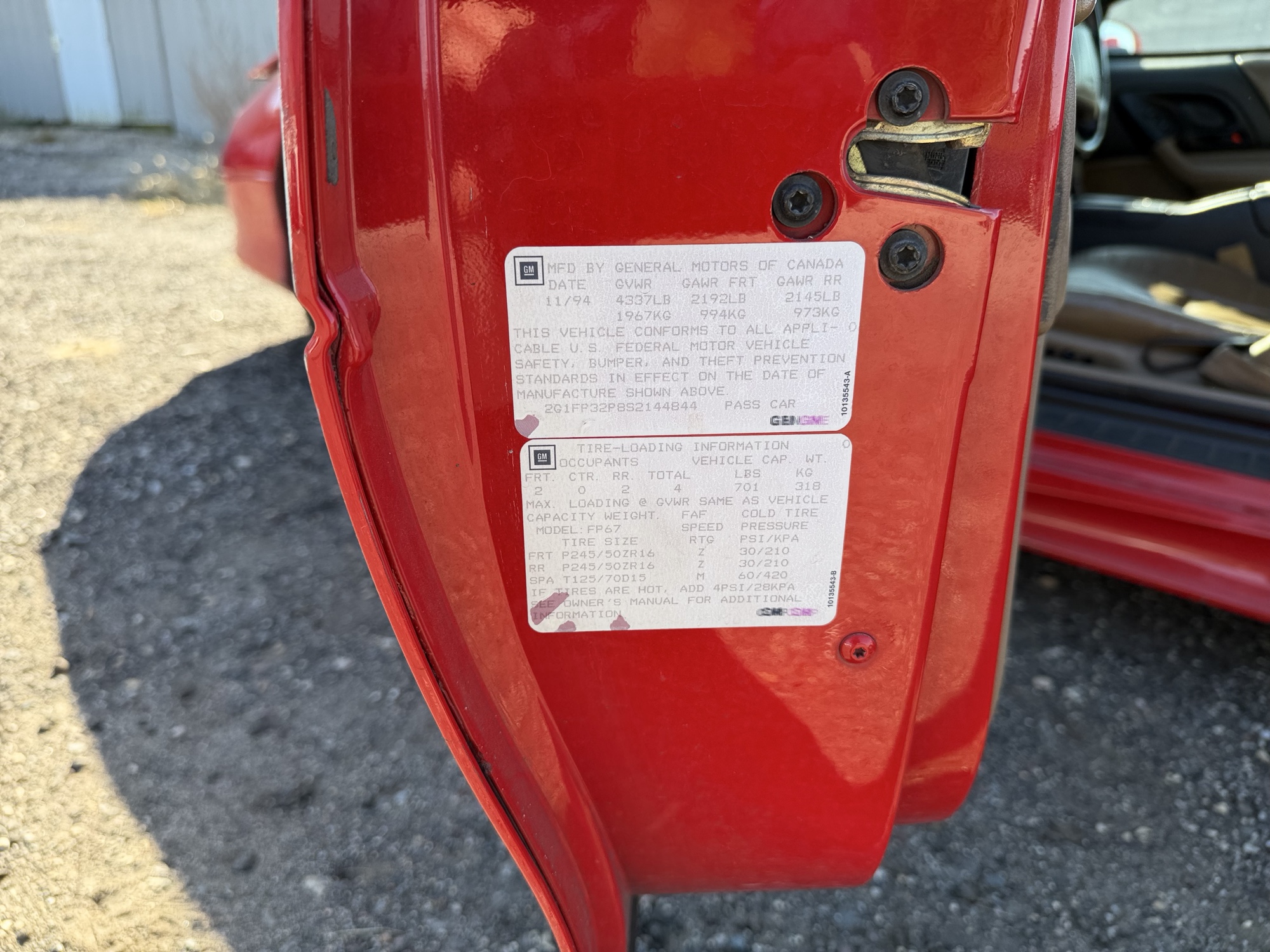 1995 chevrolet camaro z28-convertible with 167785 miles for sale near Elk River, Minnesota 106829_47_door_vin_sticker.jpg