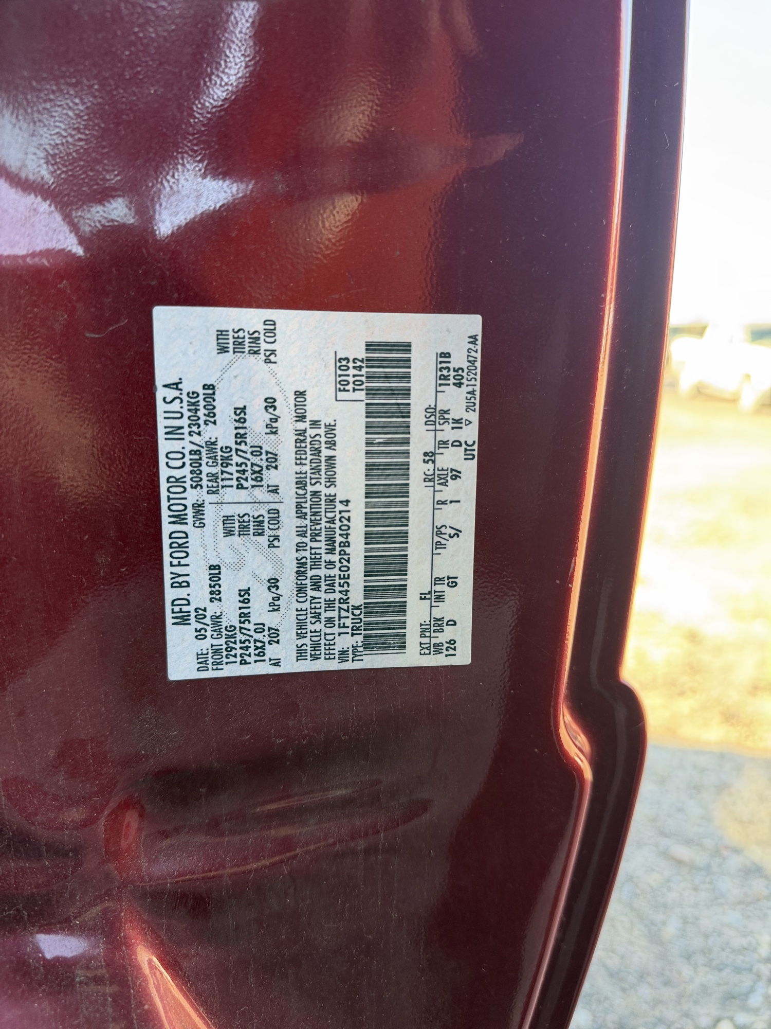 2002 ford ranger edge-supercab-4wd with 228144 miles for sale near Elk River, Minnesota 106830_47_door_vin_sticker.jpg