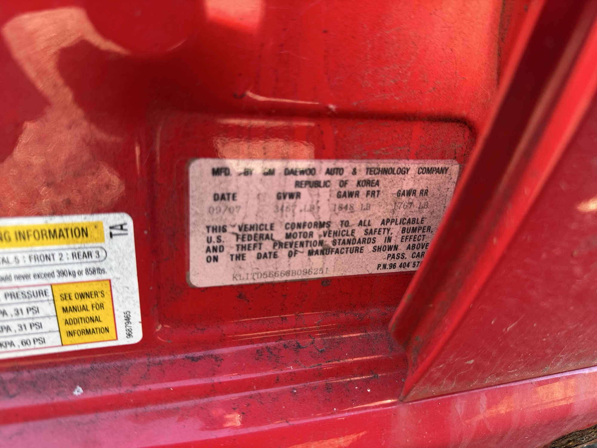 2008 chevrolet aveo ls-4-door with 84060 miles for sale near Elk River, Minnesota 106834_47_door_vin_sticker.jpg