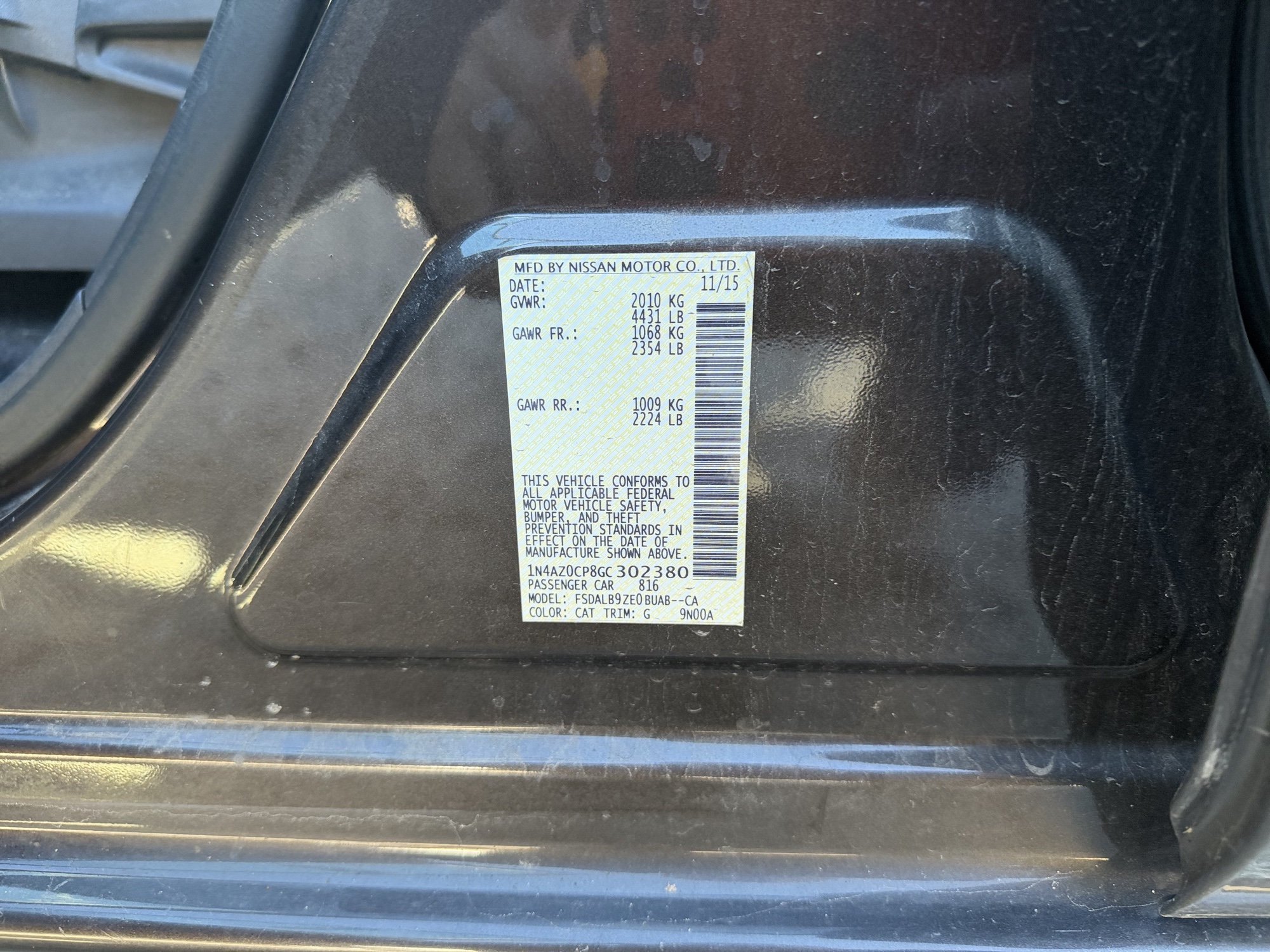 2016 nissan leaf sl with 82655 miles for sale near Elk River, Minnesota 106835_47_door_vin_sticker.jpg