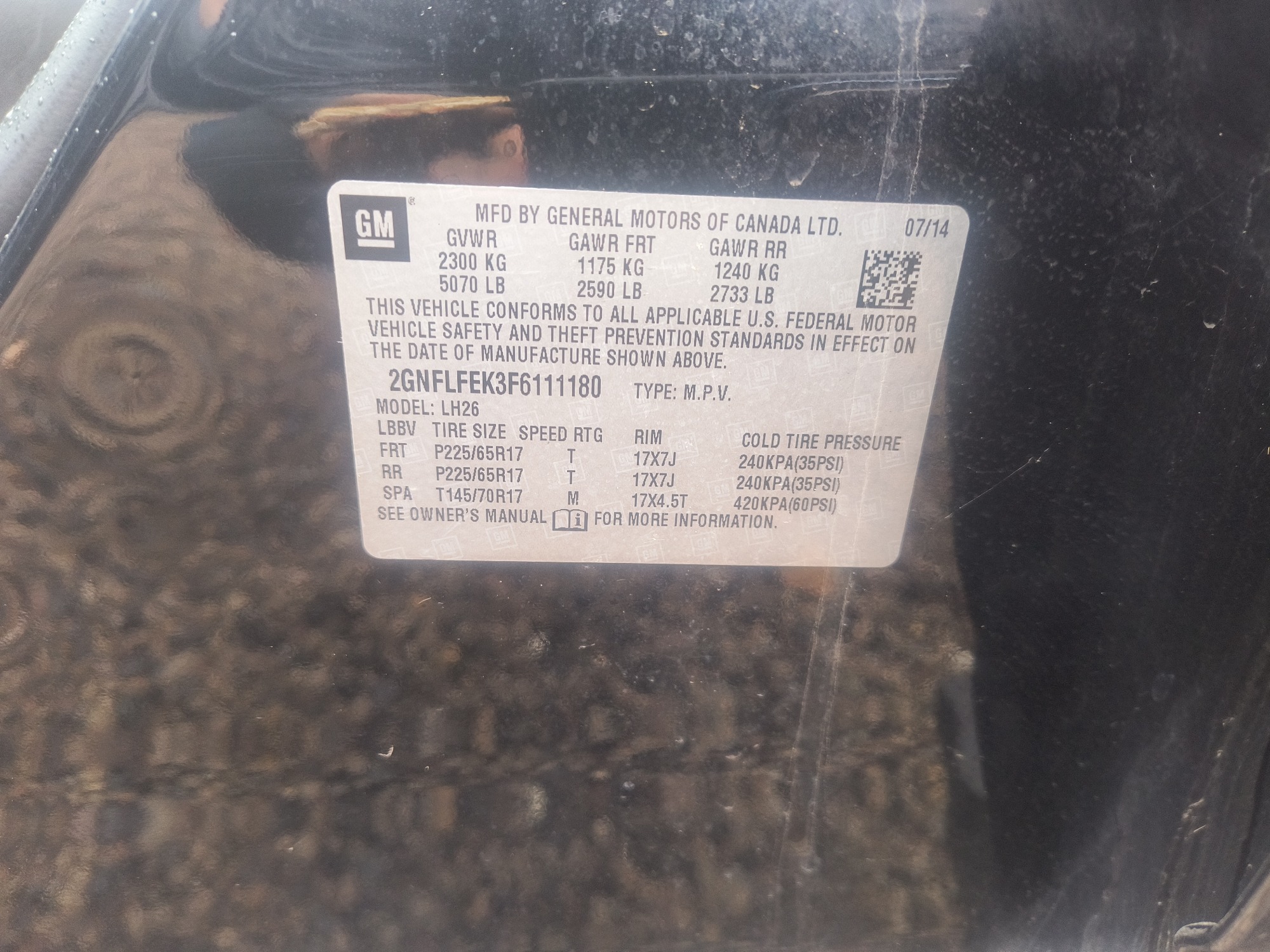 2015 chevrolet equinox 1lt-awd with 141371 miles for sale near Elk River, Minnesota 106841_47_door_vin_sticker.jpg