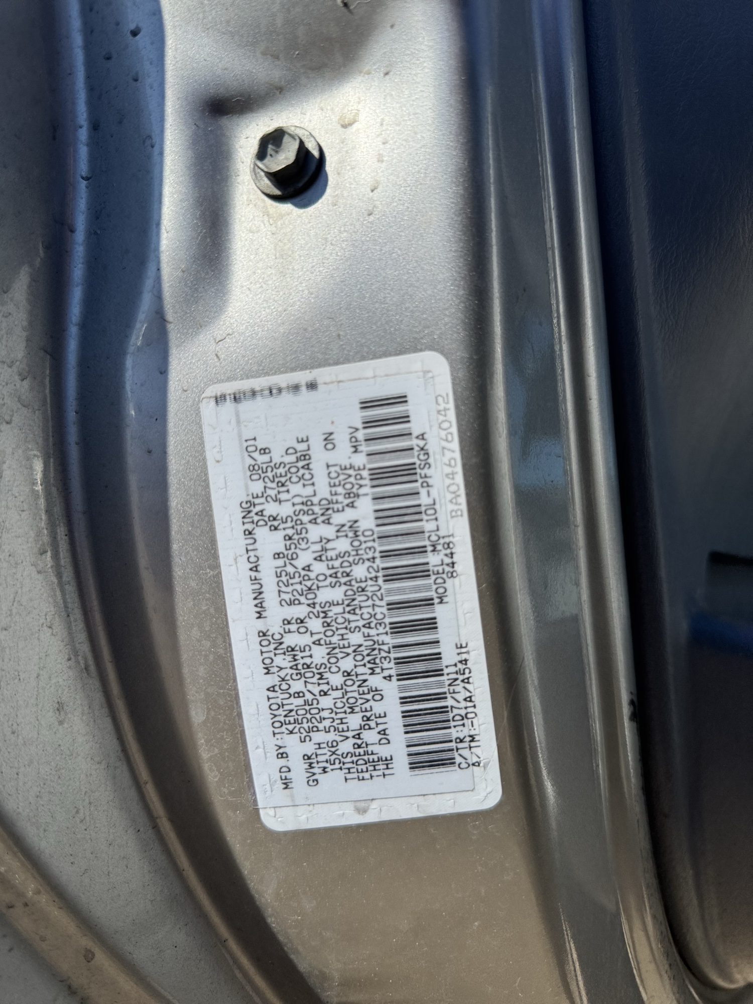 2002 toyota sienna le with 98994 miles for sale near Elk River, Minnesota 106842_47_door_vin_sticker.jpg