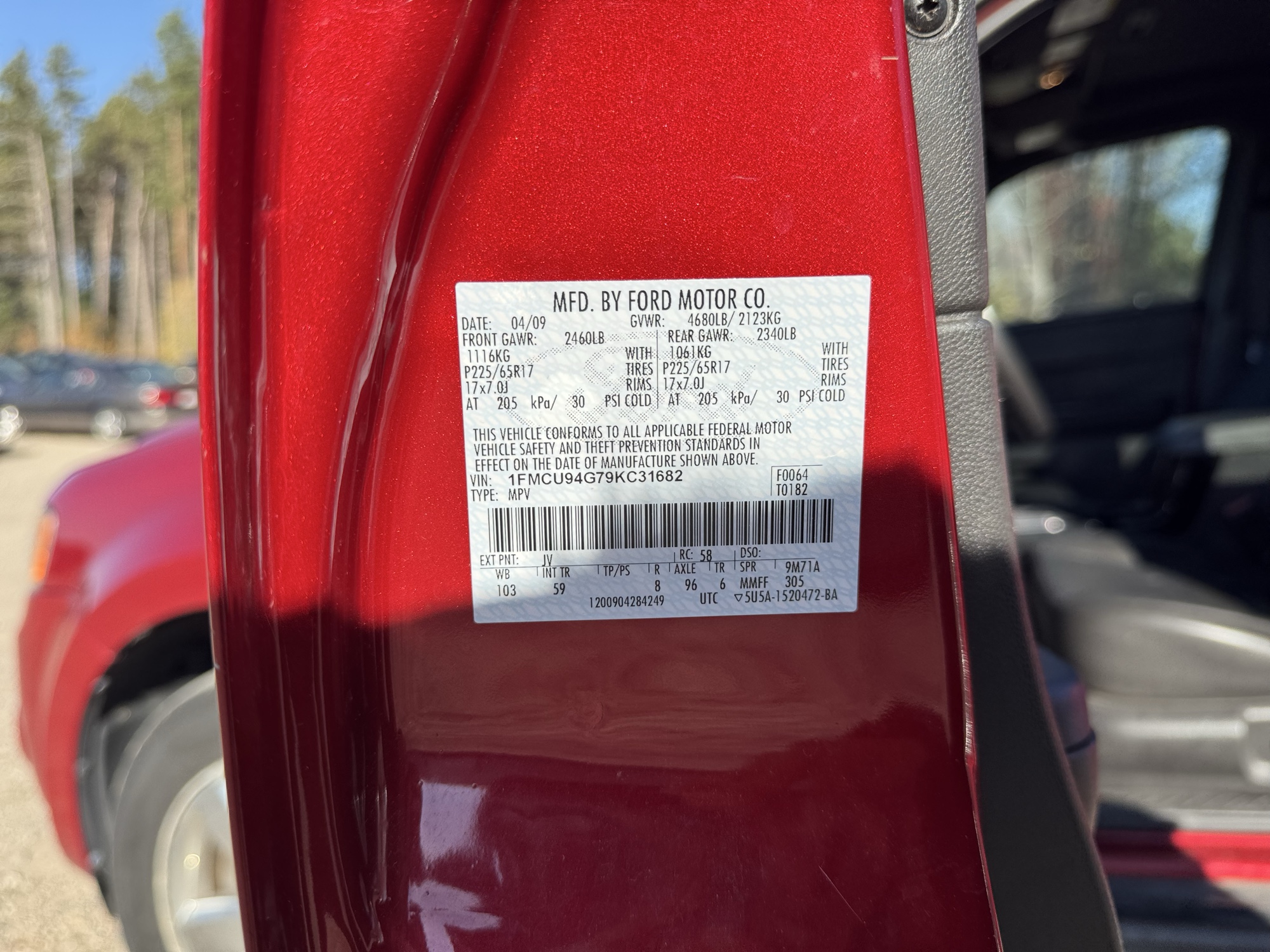2009 ford escape limited-4wd-v6 with 171099 miles for sale near Elk River, Minnesota 106844_47_door_vin_sticker.jpg