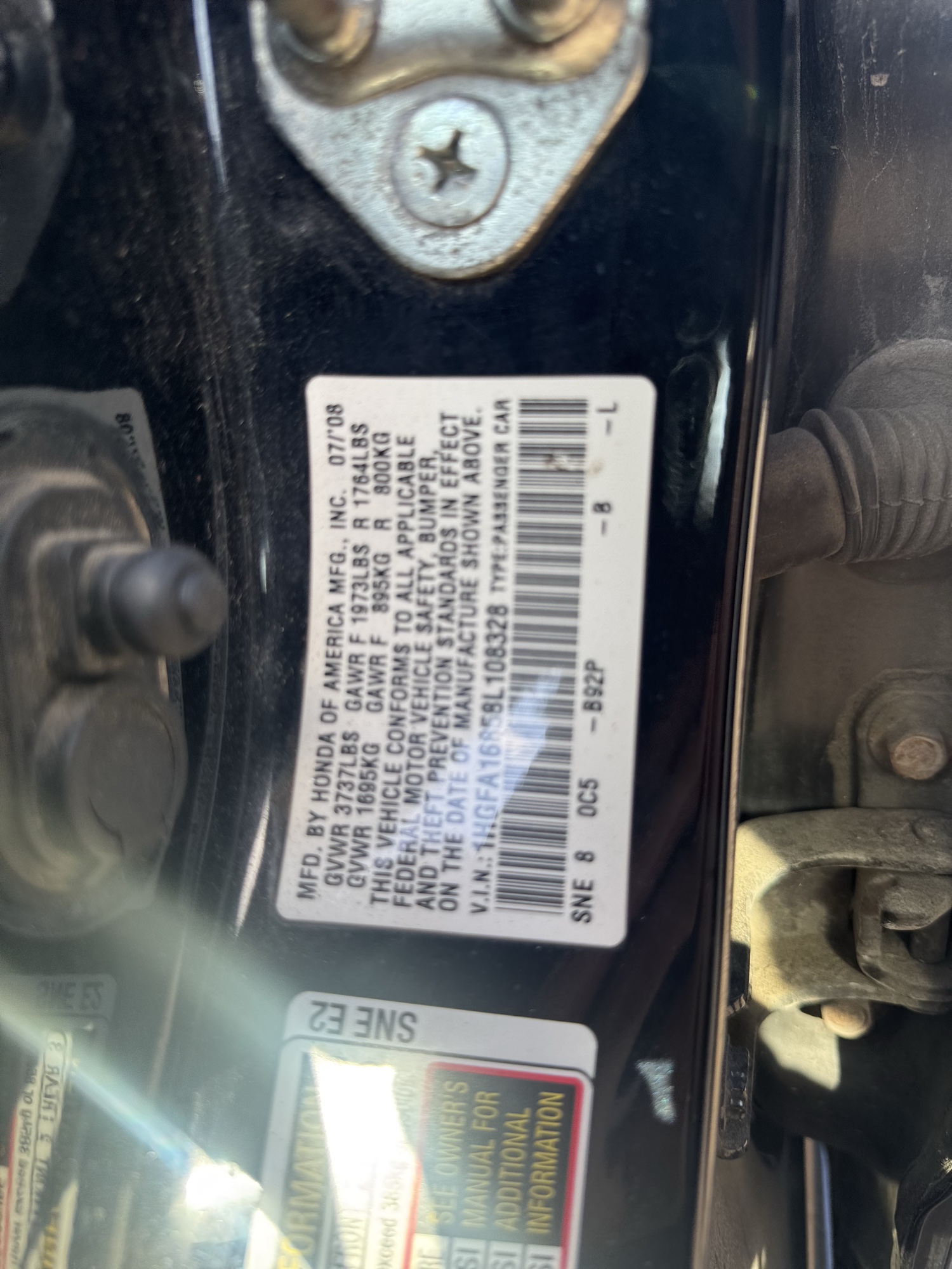 2008 honda civic ex-sedan-at with 234465 miles for sale near Elk River, Minnesota 106850_47_door_vin_sticker.jpg