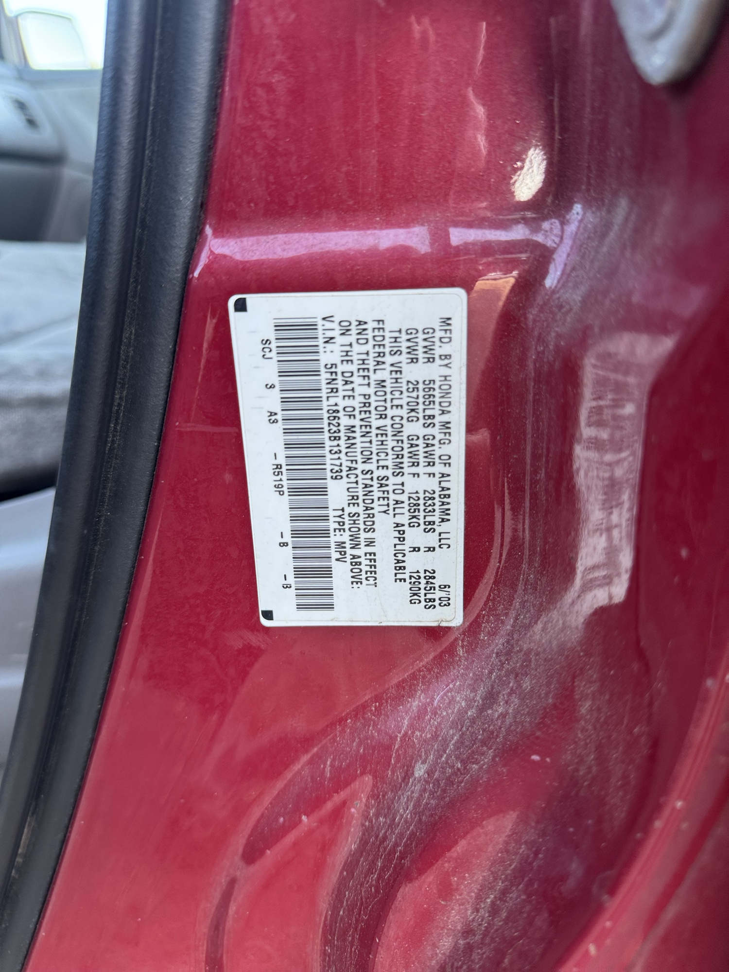 2003 honda odyssey ex with 277425 miles for sale near Elk River, Minnesota 106855_47_door_vin_sticker.jpg