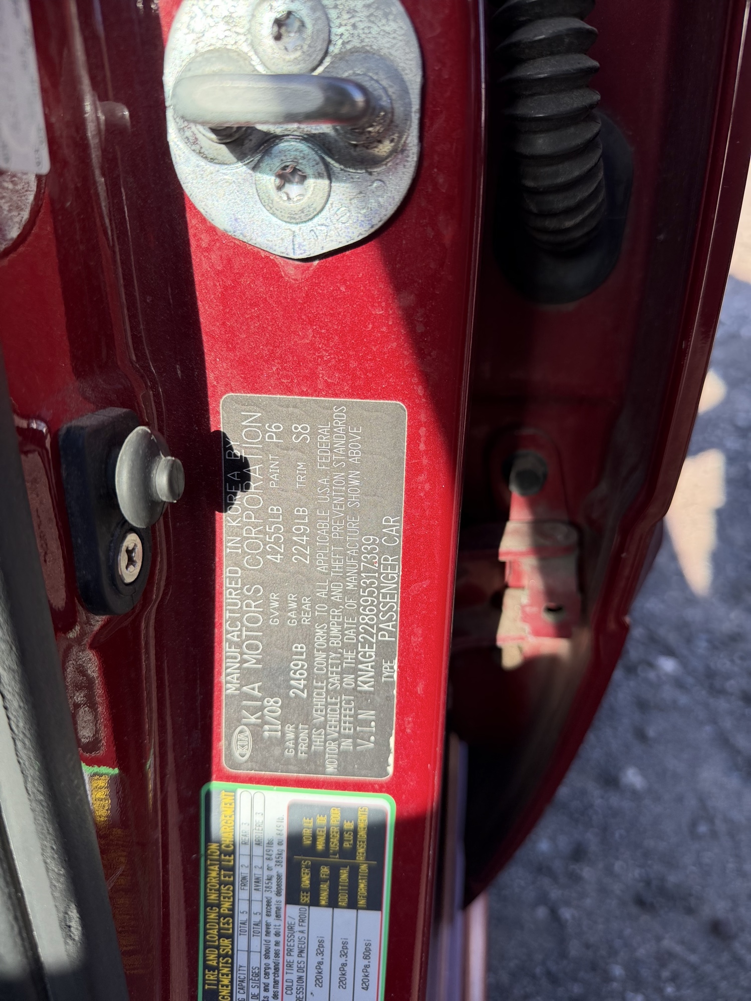 2009 kia optima ex with 206662 miles for sale near Elk River, Minnesota 106857_47_door_vin_sticker.jpg
