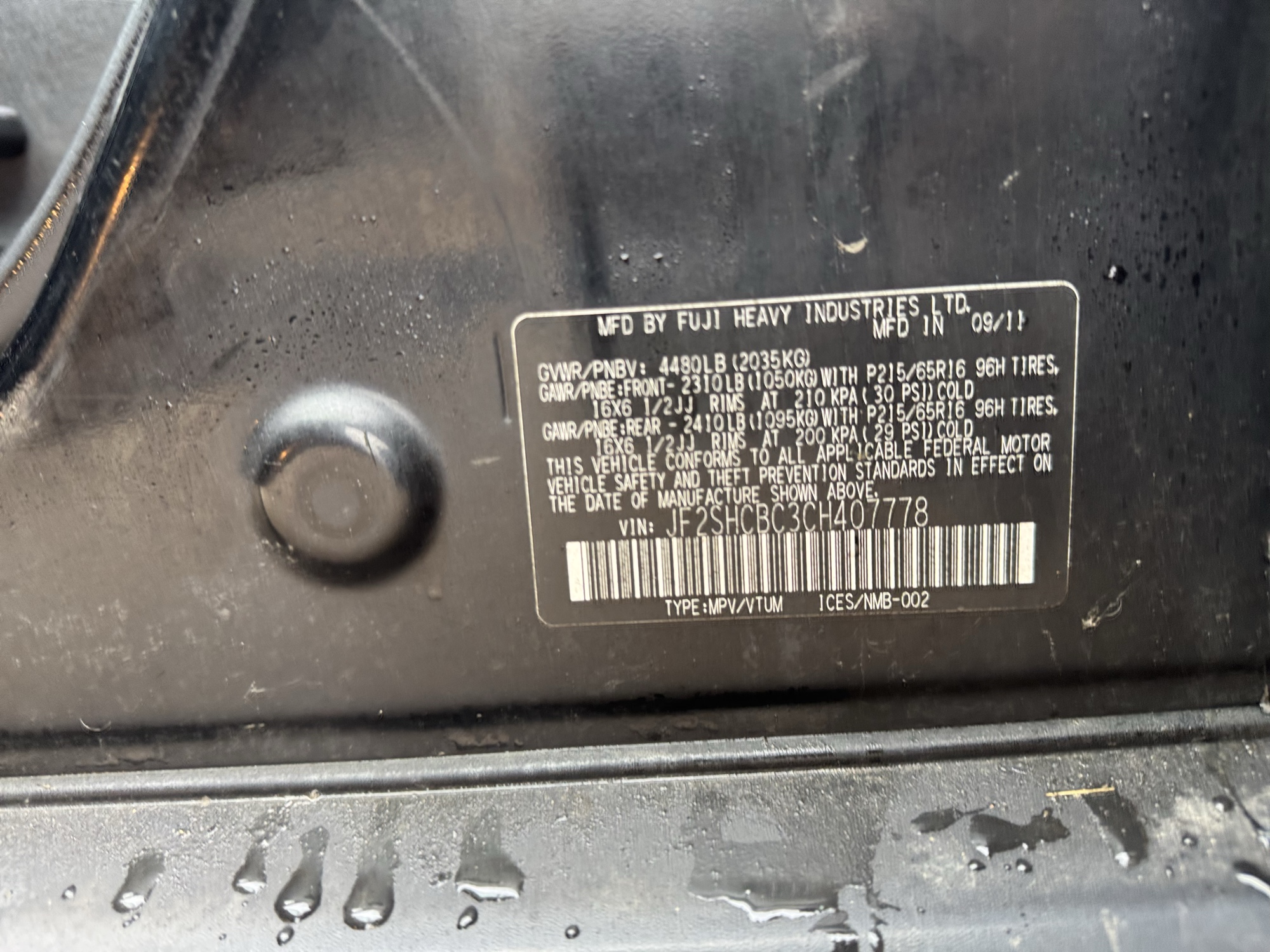 2012 subaru forester 2.5x with 290026 miles for sale near Elk River, Minnesota 106858_47_door_vin_sticker.jpg
