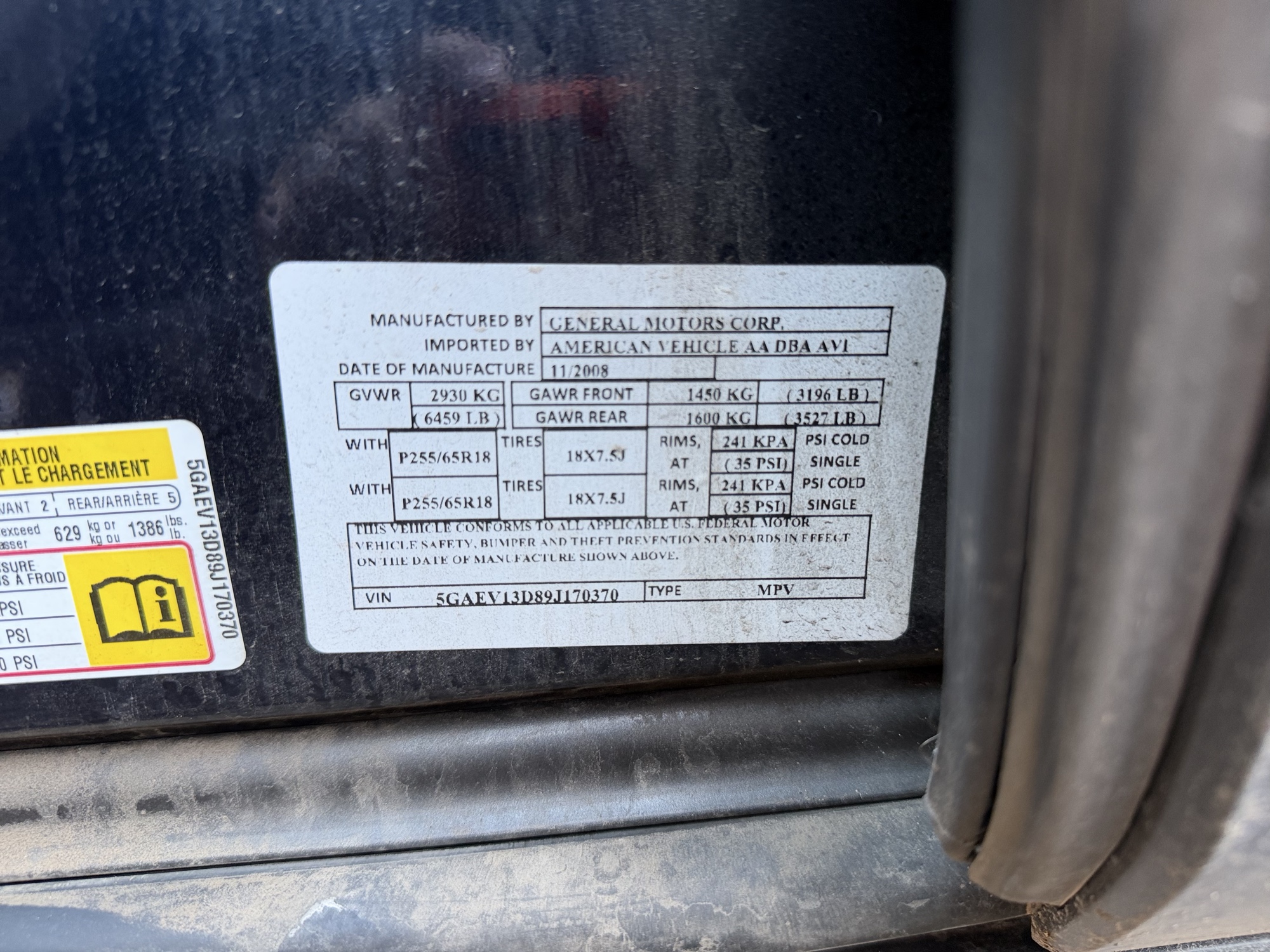 2009 buick enclave cx-awd with 175000 miles for sale near Elk River, Minnesota 106862_47_door_vin_sticker.jpg