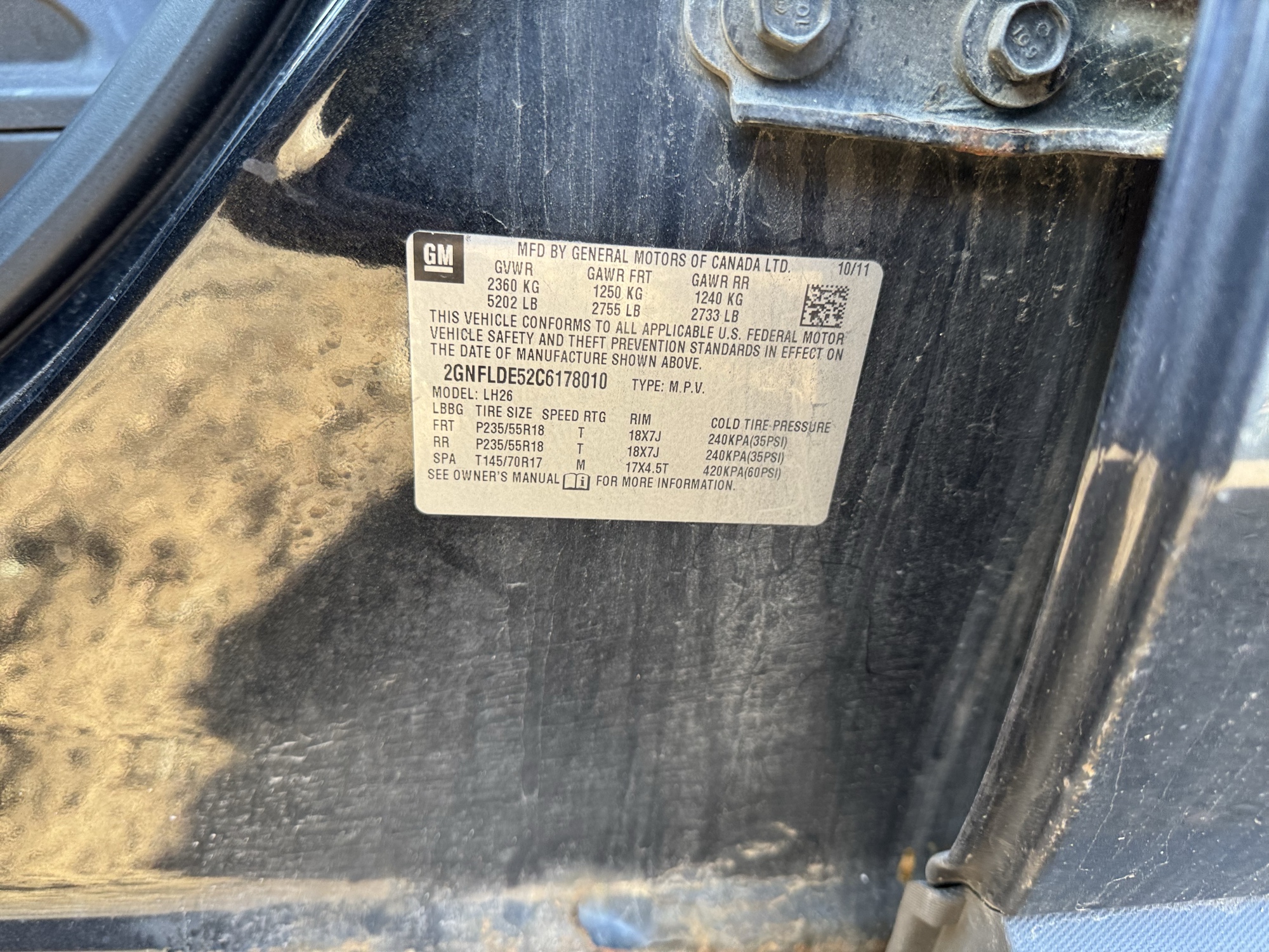 2012 chevrolet equinox 1lt-2wd with 195268 miles for sale near Elk River, Minnesota 106865_47_door_vin_sticker.jpg