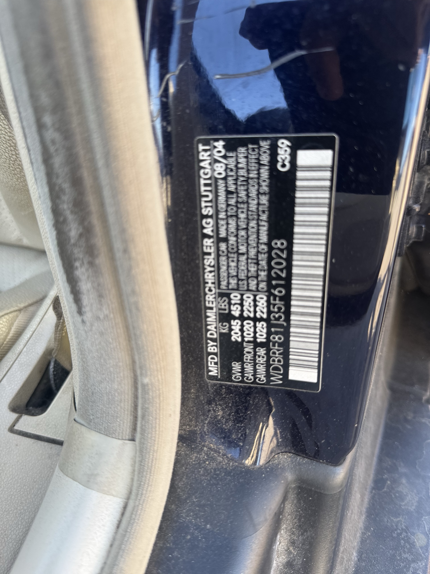 2005 mercedes-benz c-class c240-luxury-sedan with 163981 miles for sale near Elk River, Minnesota 106874_47_door_vin_sticker.jpg