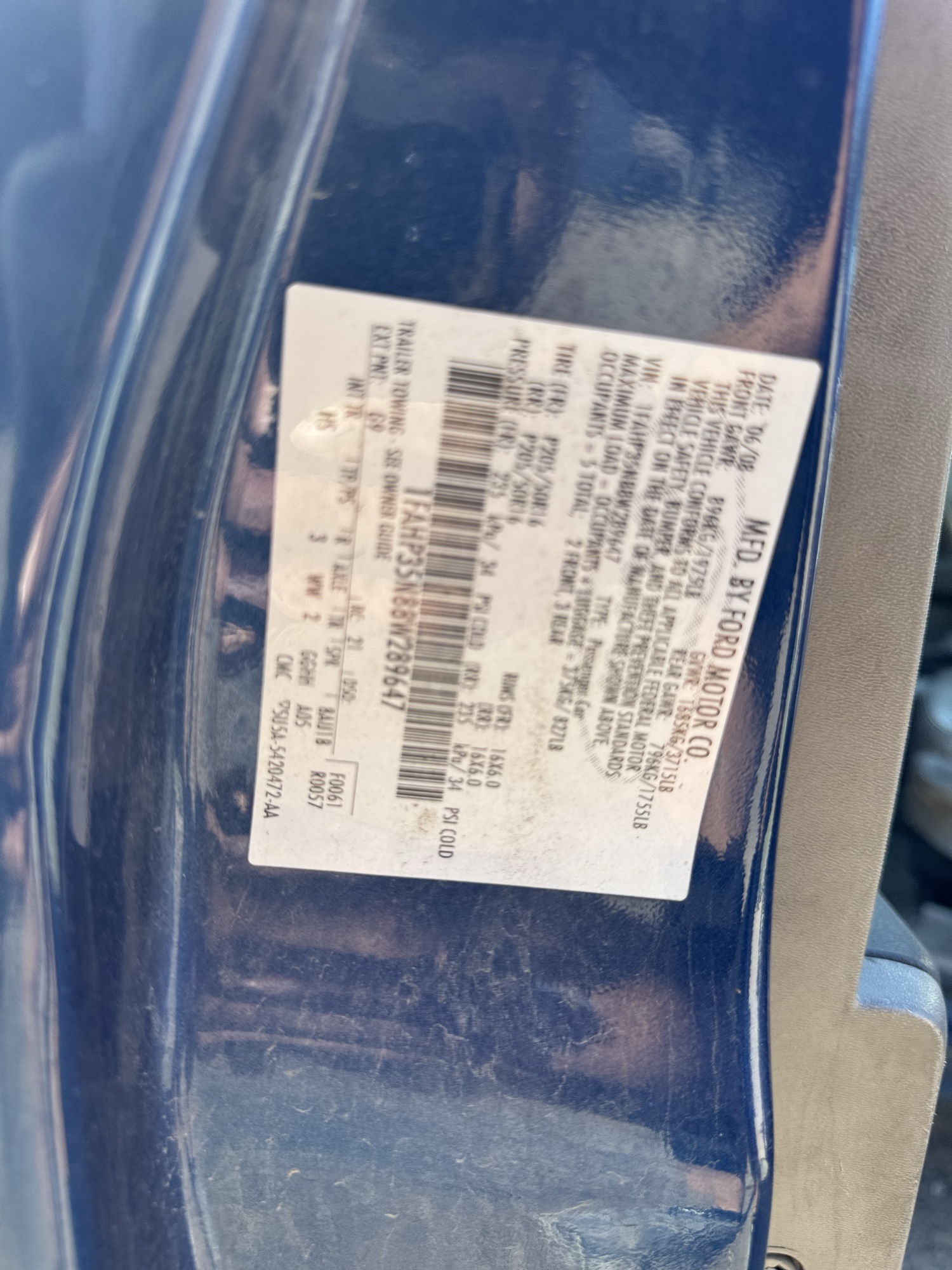 2008 ford focus ses-sedan with 282409 miles for sale near Elk River, Minnesota 106875_47_door_vin_sticker.jpg