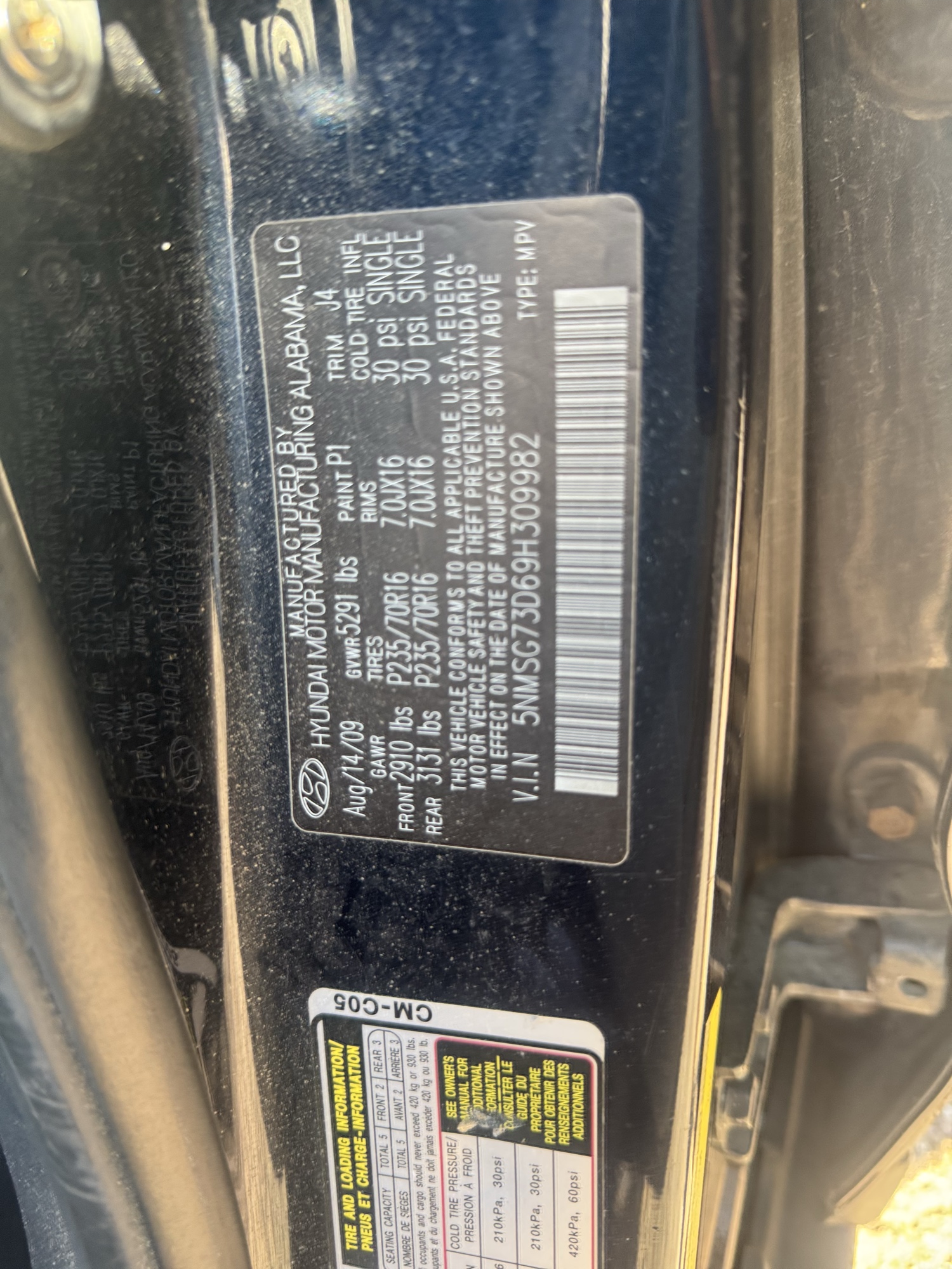 2009 hyundai santa-fe gls-awd with 215044 miles for sale near Elk River, Minnesota 106876_47_door_vin_sticker.jpg