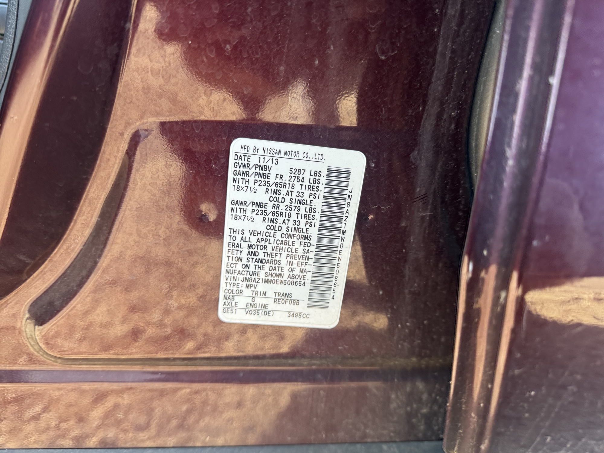 2014 nissan murano sl-awd with 109166 miles for sale near Elk River, Minnesota 106880_47_door_vin_sticker.jpg