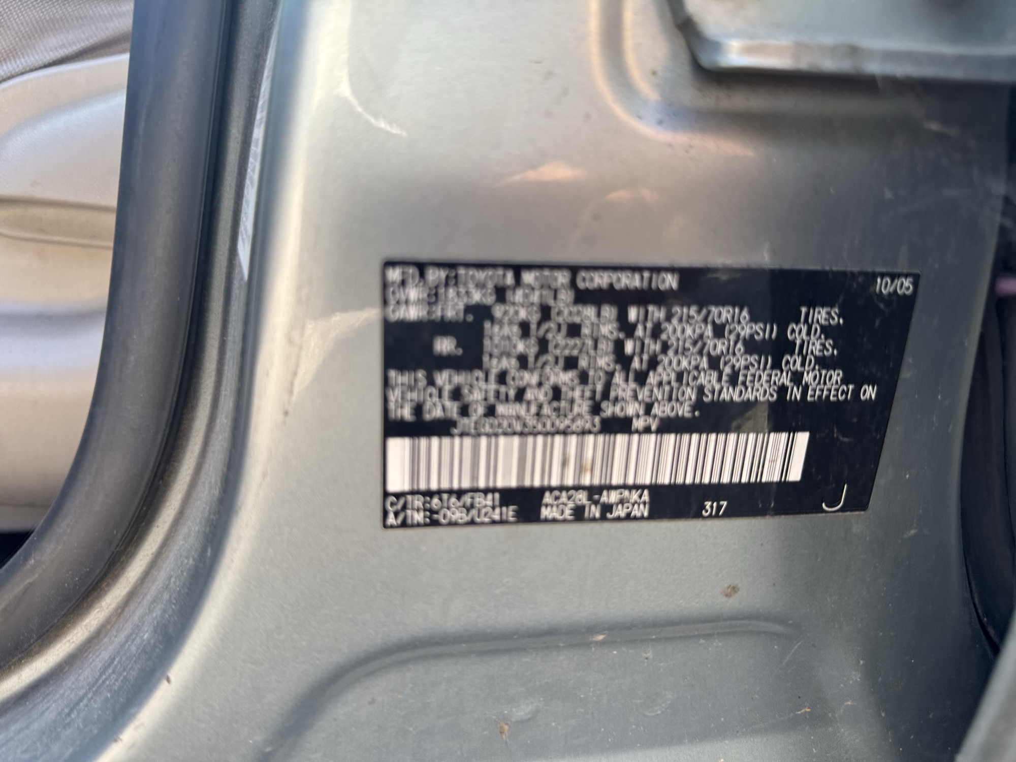 2005 toyota rav4 2wd with 204715 miles for sale near Elk River, Minnesota 106884_47_door_vin_sticker.jpg