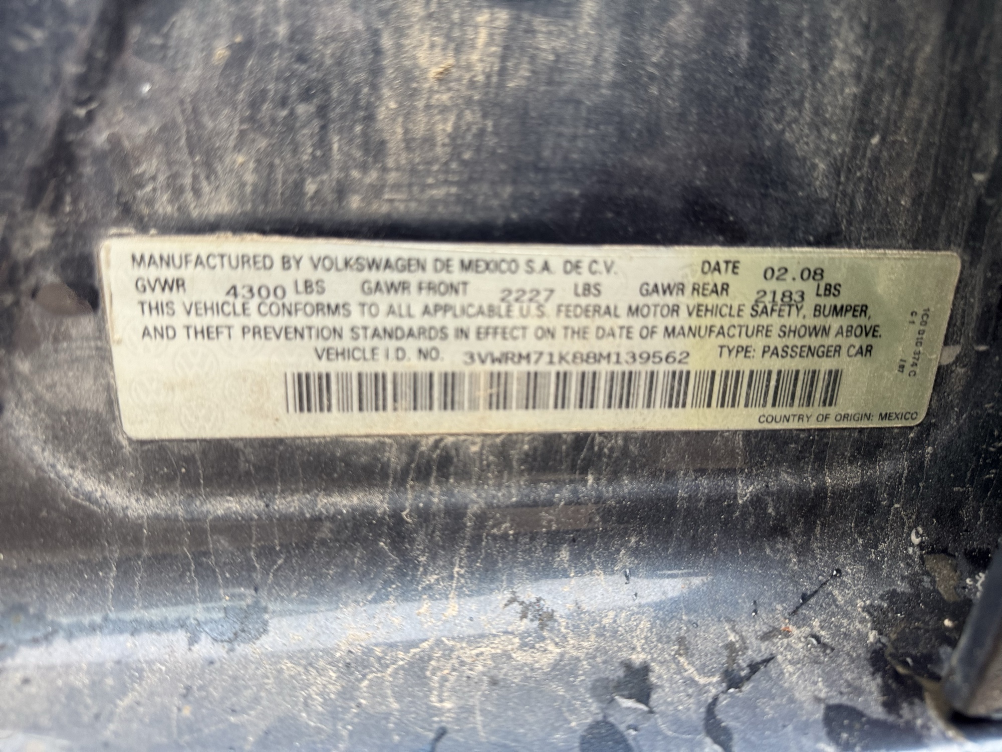 2008 volkswagen jetta se with 201453 miles for sale near Elk River, Minnesota 106886_47_door_vin_sticker.jpg