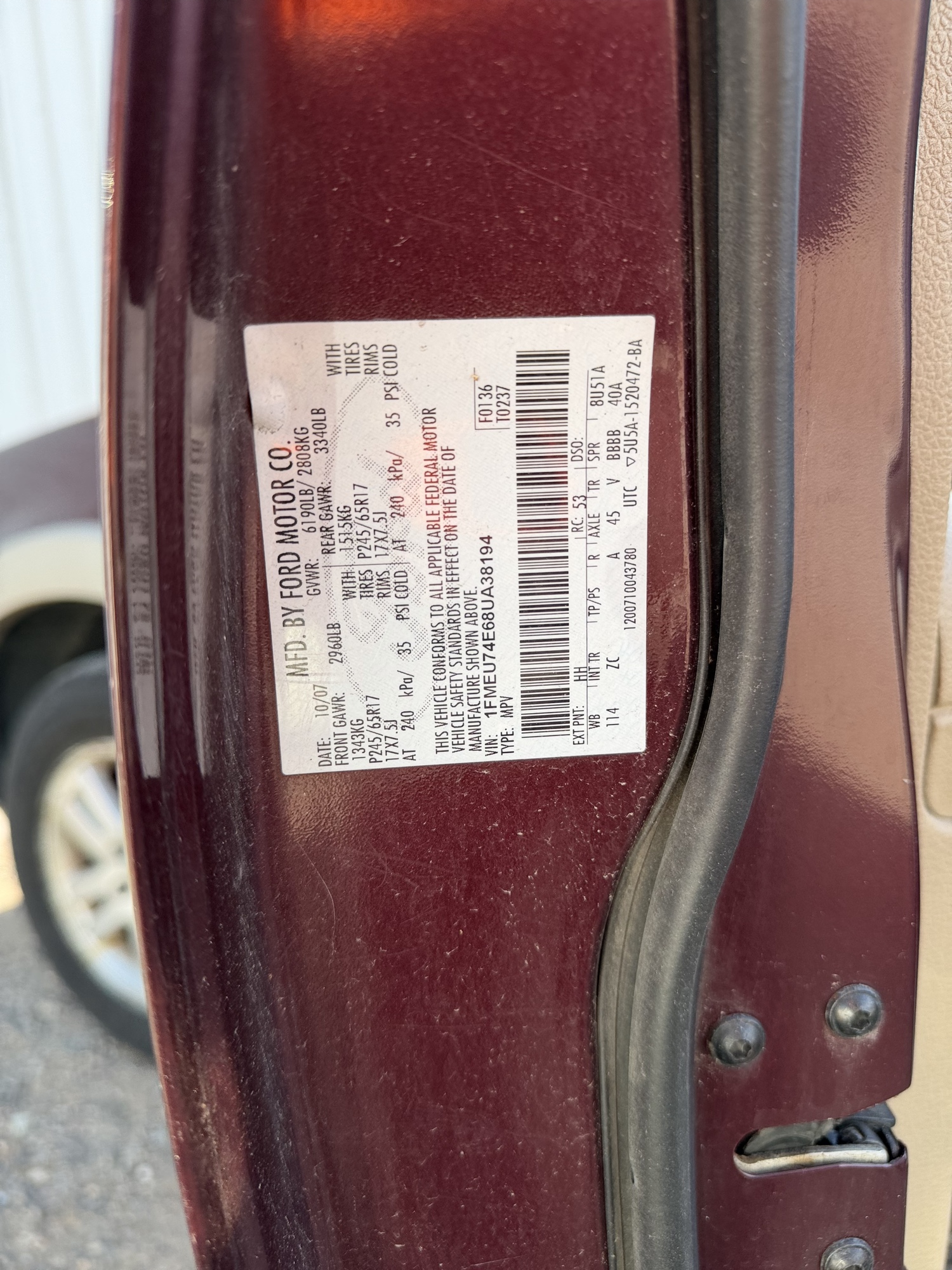 2008 ford explorer eddie-bauer-4.0l-4wd with 266582 miles for sale near Elk River, Minnesota 106889_47_door_vin_sticker.jpg