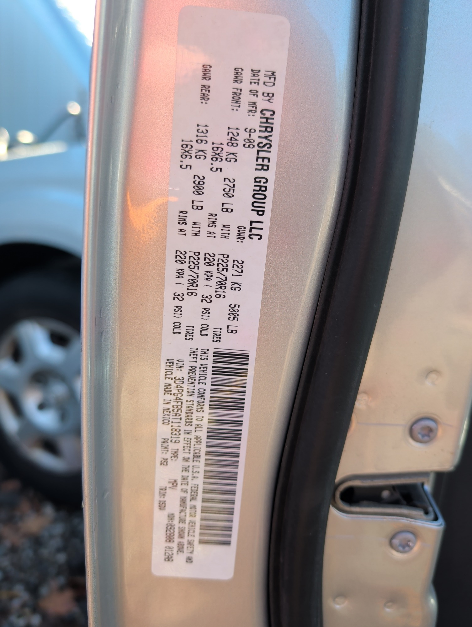 2010 dodge journey se with 82225 miles for sale near Elk River, Minnesota 106898_47_door_vin_sticker.jpg
