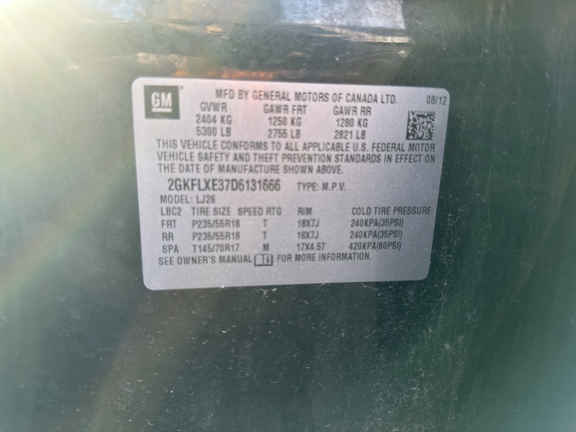 2013 gmc terrain slt2-awd with 181610 miles for sale near Elk River, Minnesota 106902_47_door_vin_sticker.jpg