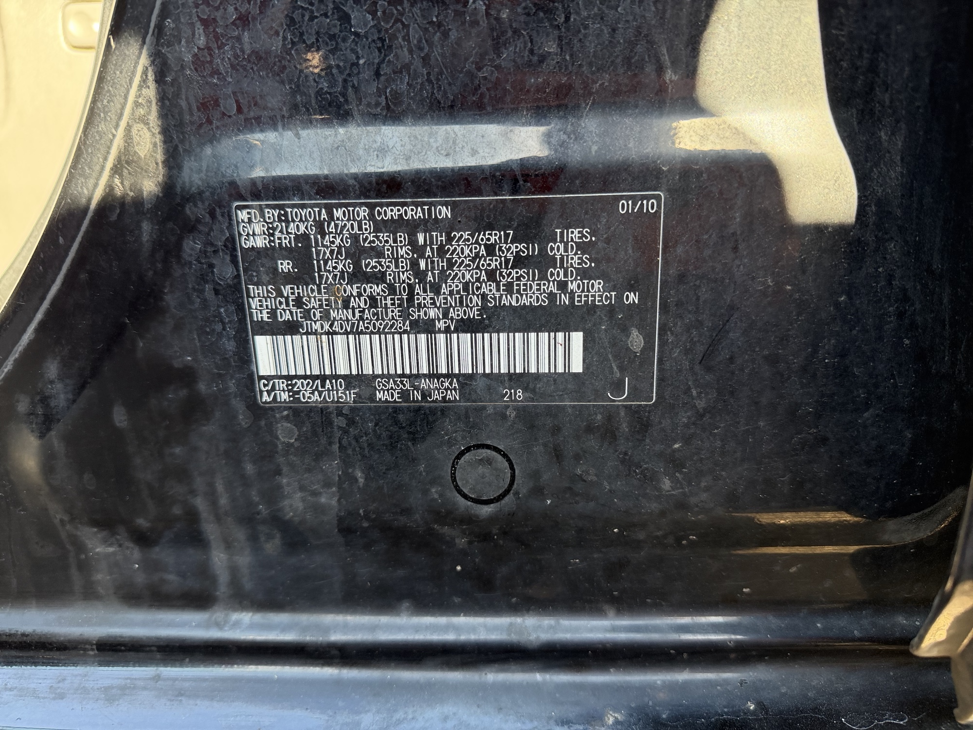 2010 toyota rav4 limited-v6-4wd with 306450 miles for sale near Elk River, Minnesota 106903_47_door_vin_sticker.jpg