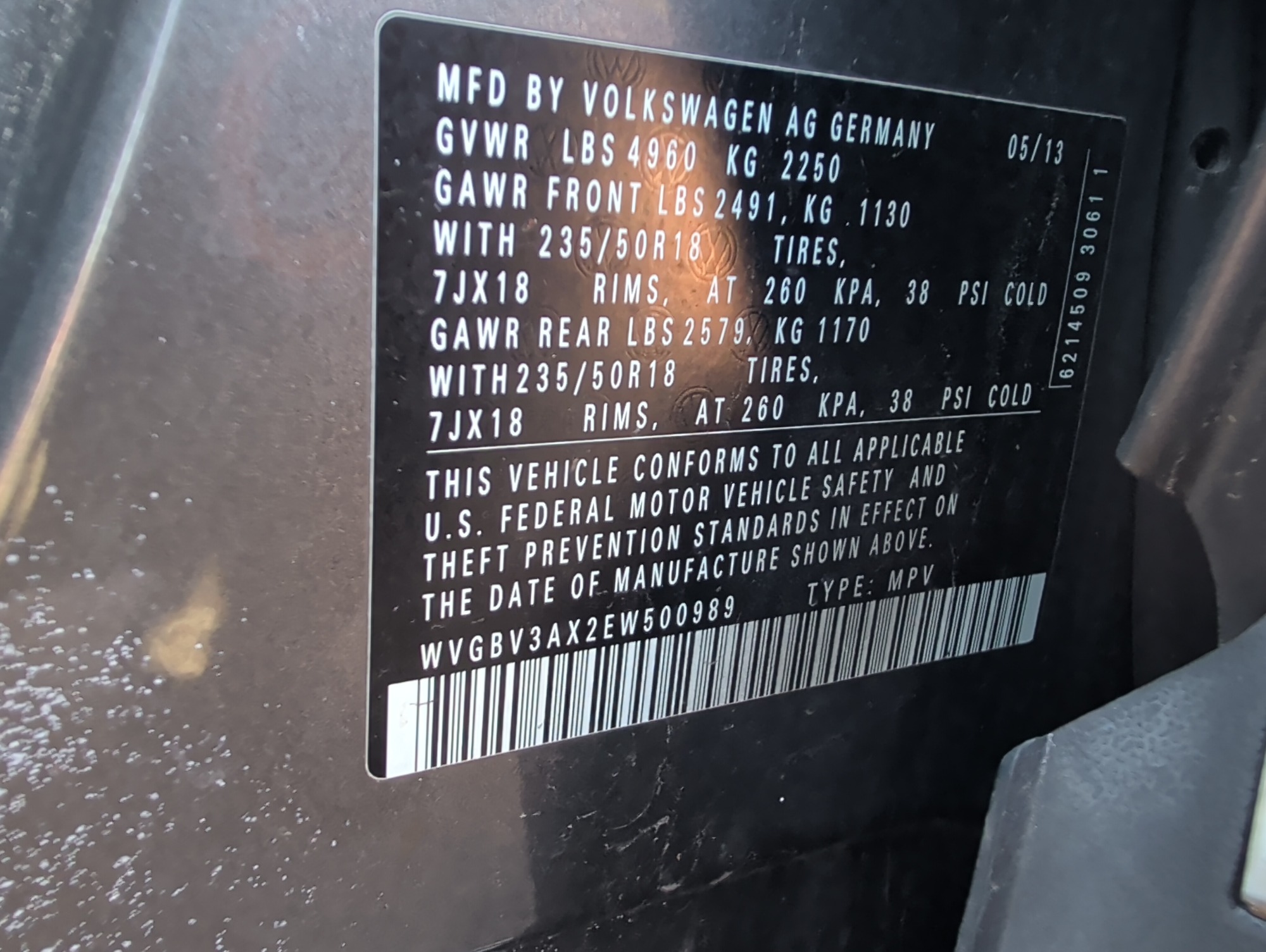 2014 volkswagen tiguan se-4motion with 167934 miles for sale near Elk River, Minnesota 106908_47_door_vin_sticker.jpg