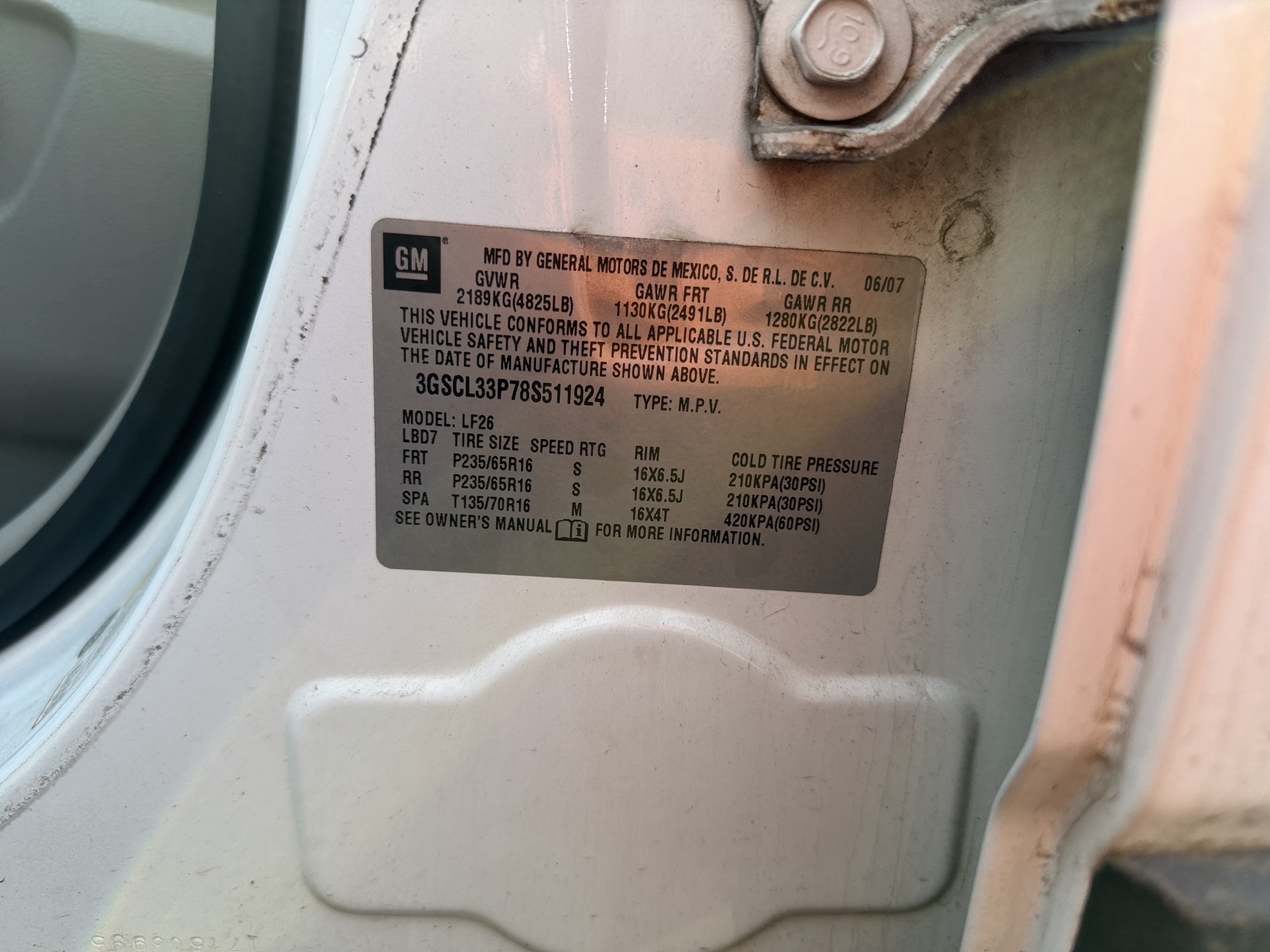 2008 saturn vue fwd with 222898 miles for sale near Elk River, Minnesota 106913_47_door_vin_sticker.jpg