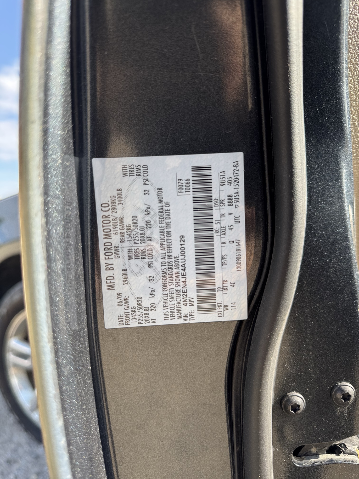 2010 mercury mountaineer premier-4.0l-awd with 95037 miles for sale near Elk River, Minnesota 106914_47_door_vin_sticker.jpg