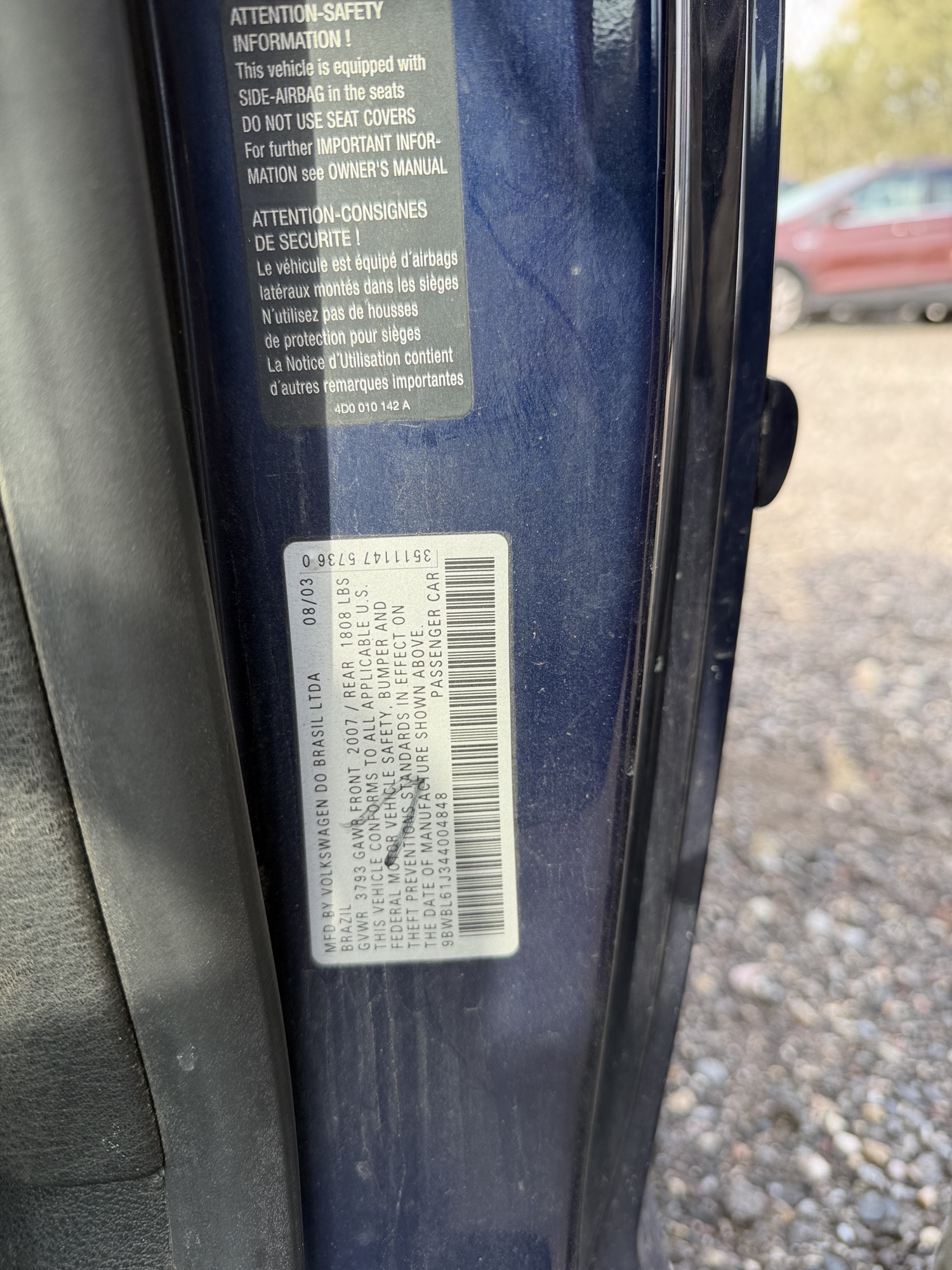2004 volkswagen golf gl-2.0 with 222387 miles for sale near Elk River, Minnesota 106919_47_door_vin_sticker.jpg