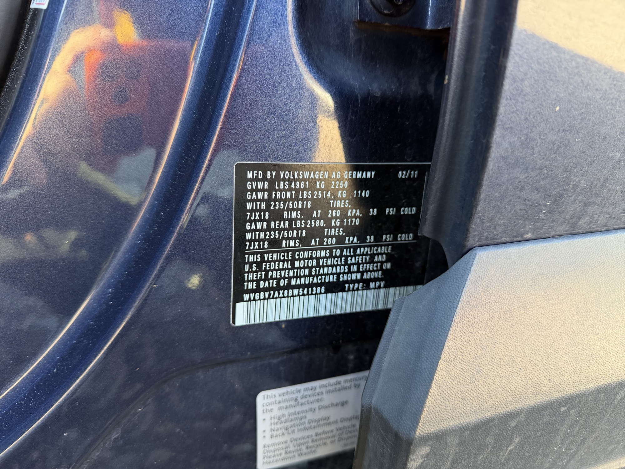 2011 volkswagen tiguan s-4motion with 116934 miles for sale near Elk River, Minnesota 106922_47_door_vin_sticker.jpg