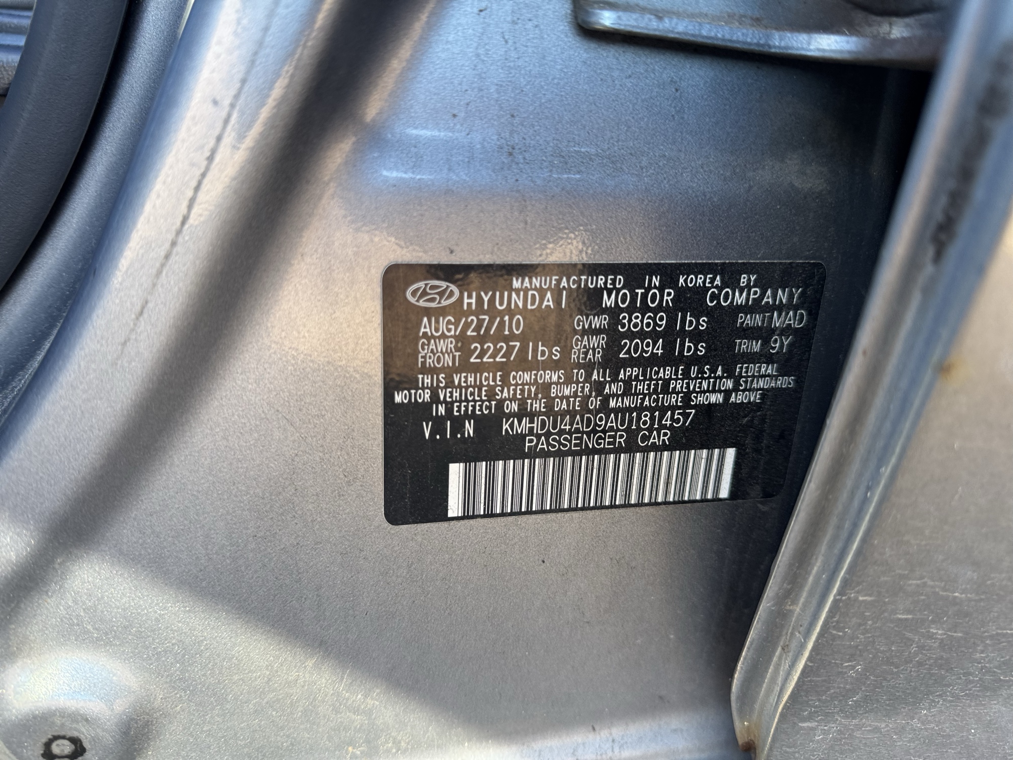 2010 hyundai elantra se with 156272 miles for sale near Elk River, Minnesota 106924_47_door_vin_sticker.jpg