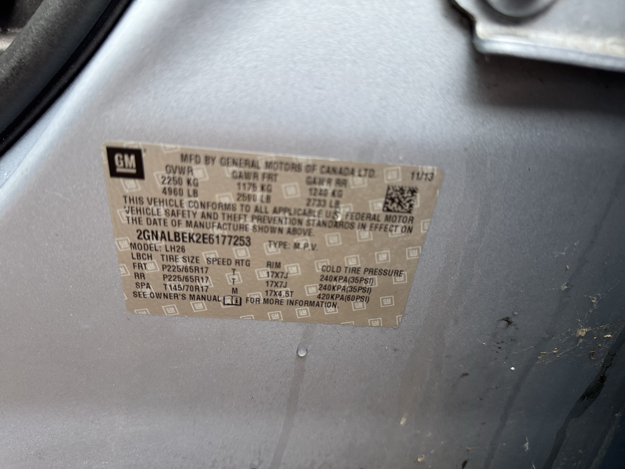 2014 chevrolet equinox 1lt-2wd with 85899 miles for sale near Elk River, Minnesota 106929_47_door_vin_sticker.jpg