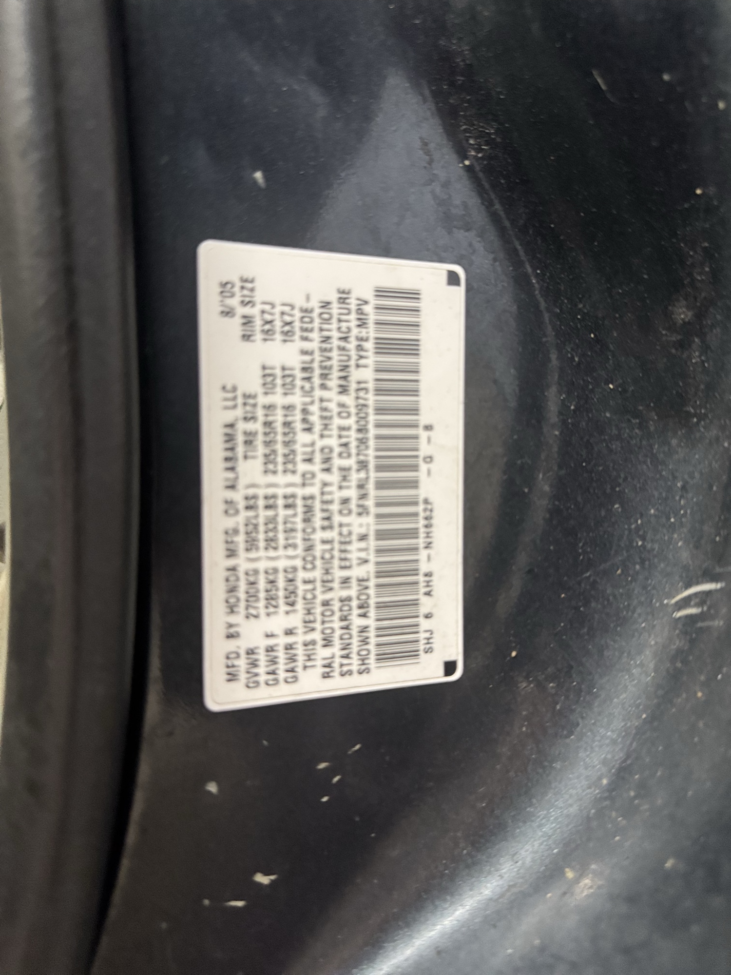 2006 honda odyssey ex-l-v6 with 217533 miles for sale near Elk River, Minnesota 106930_47_door_vin_sticker.jpg