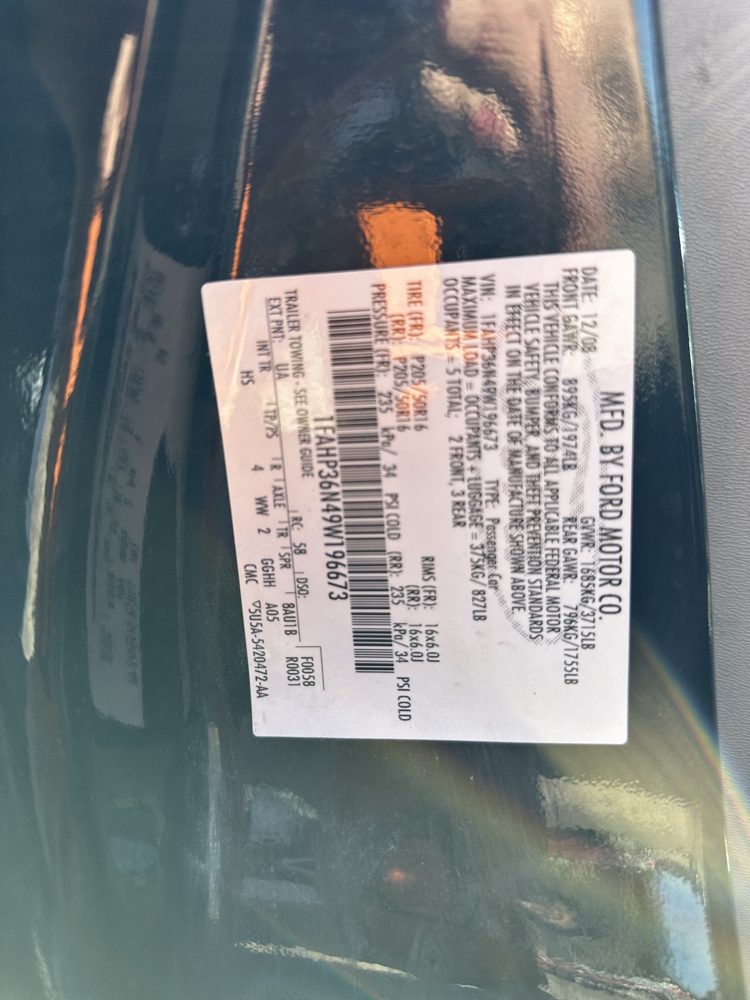 2009 ford focus ses-sedan with 214252 miles for sale near Elk River, Minnesota 106931_47_door_vin_sticker.jpg