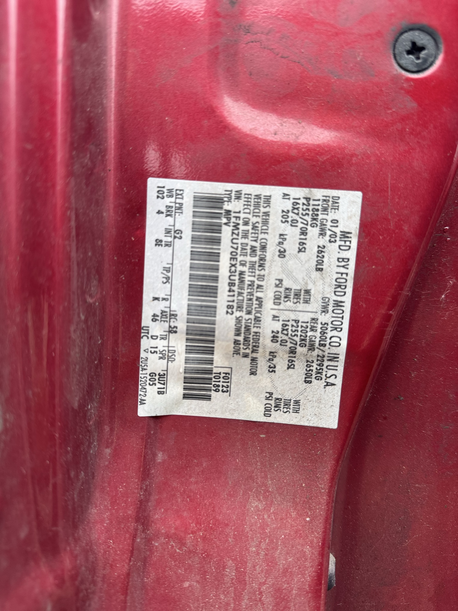 2003 ford explorer-sport xls-4wd with 199208 miles for sale near Elk River, Minnesota 106932_47_door_vin_sticker.jpg
